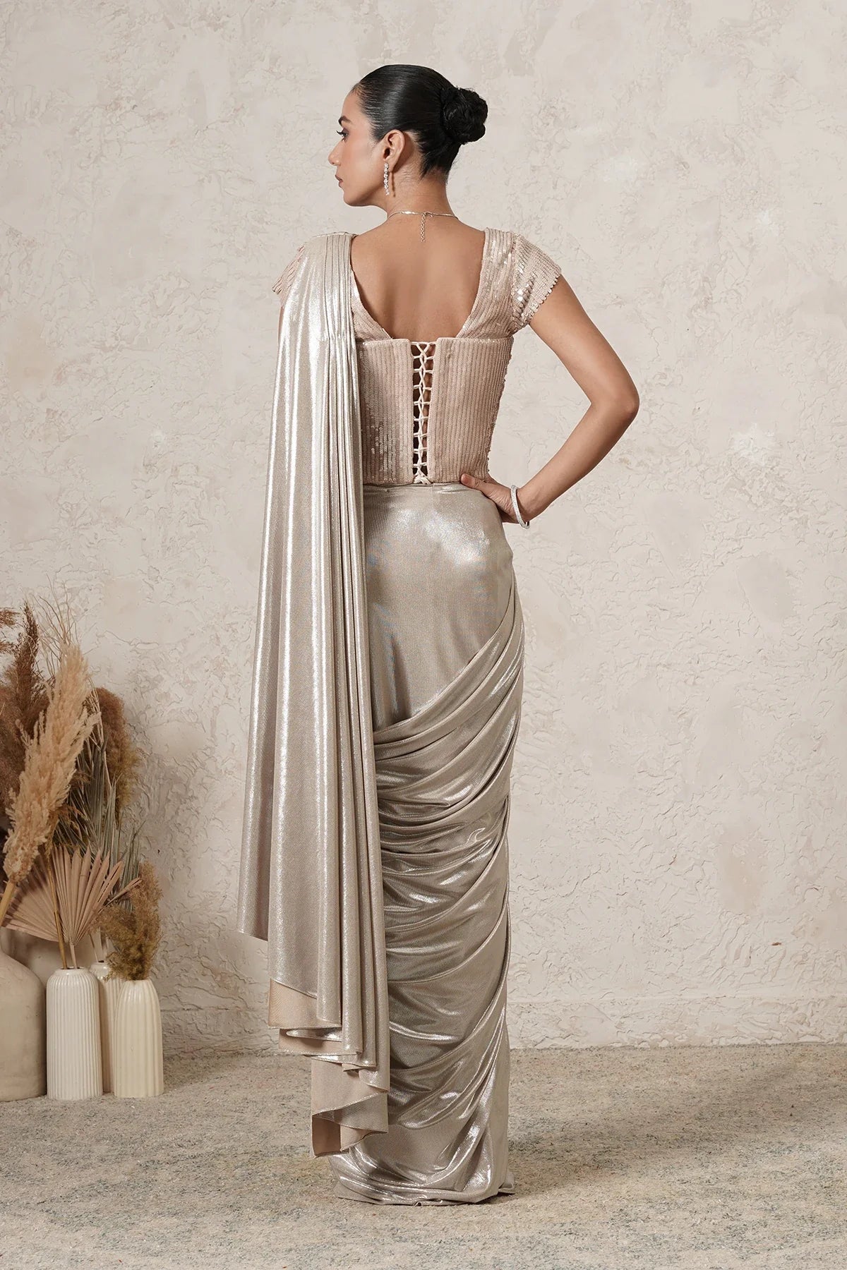 Chandni Metallic Pre-Draped Saree with Sequin Blouse | Light Beige Women | THETAA