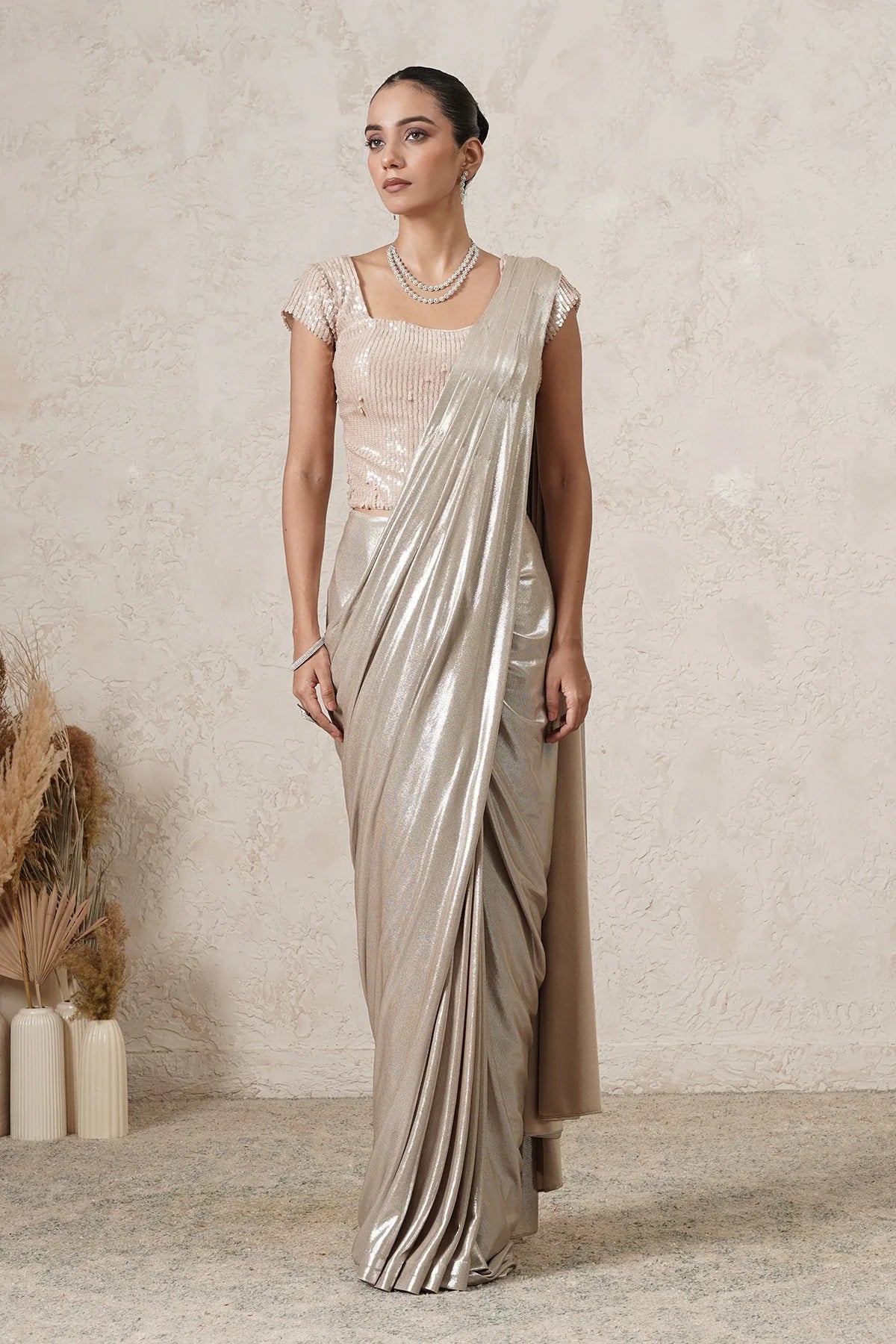 Chandni Metallic Pre-Draped Saree with Sequin Blouse | Light Beige Women | THETAA