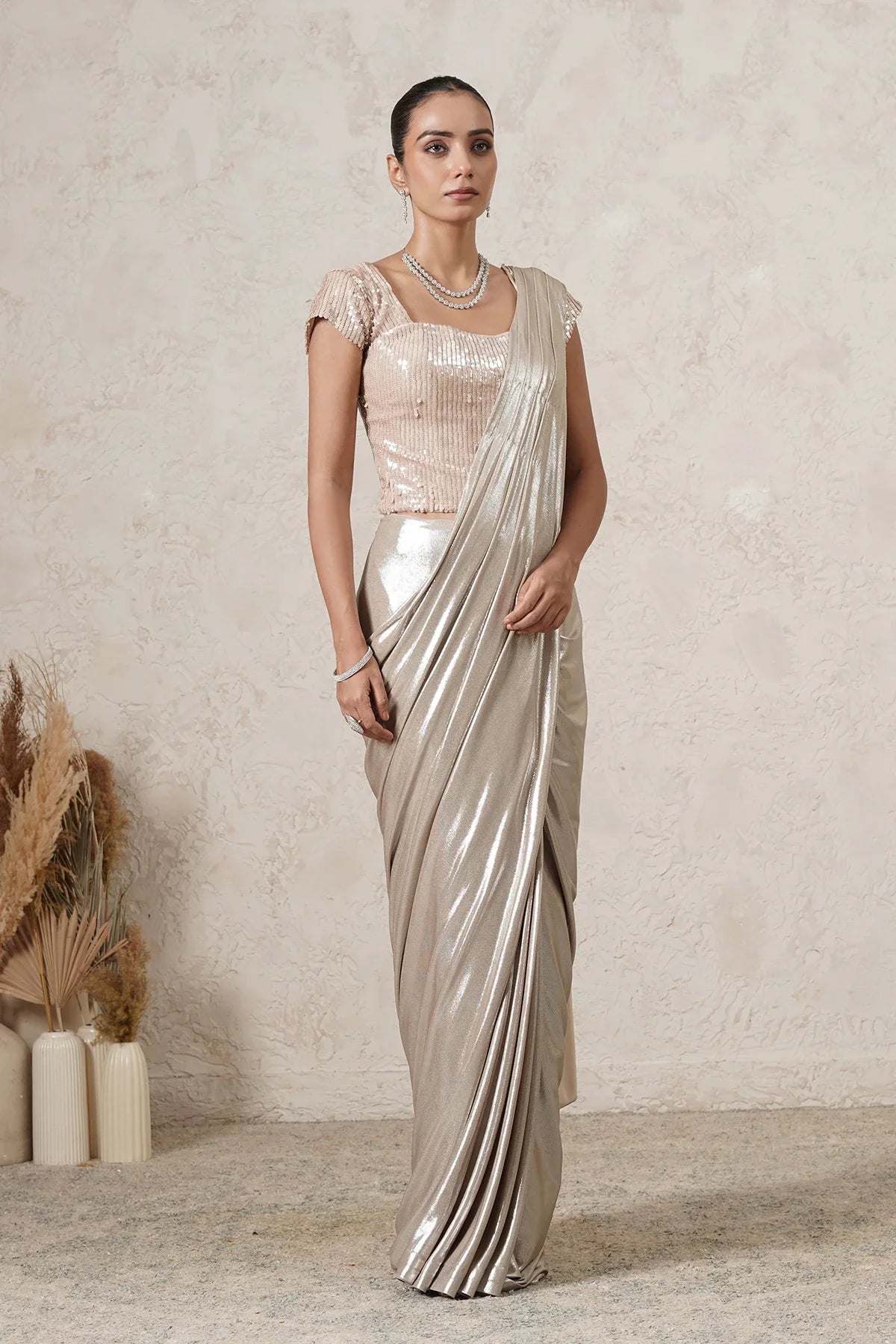 Chandni Metallic Pre-Draped Saree with Sequin Blouse | Light Beige Women | THETAA