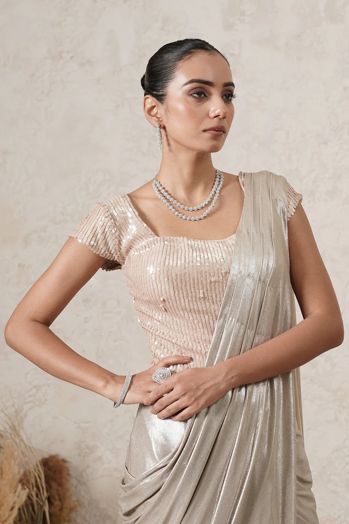Chandni Metallic Pre-Draped Saree with Sequin Blouse | Light Beige Women | THETAA