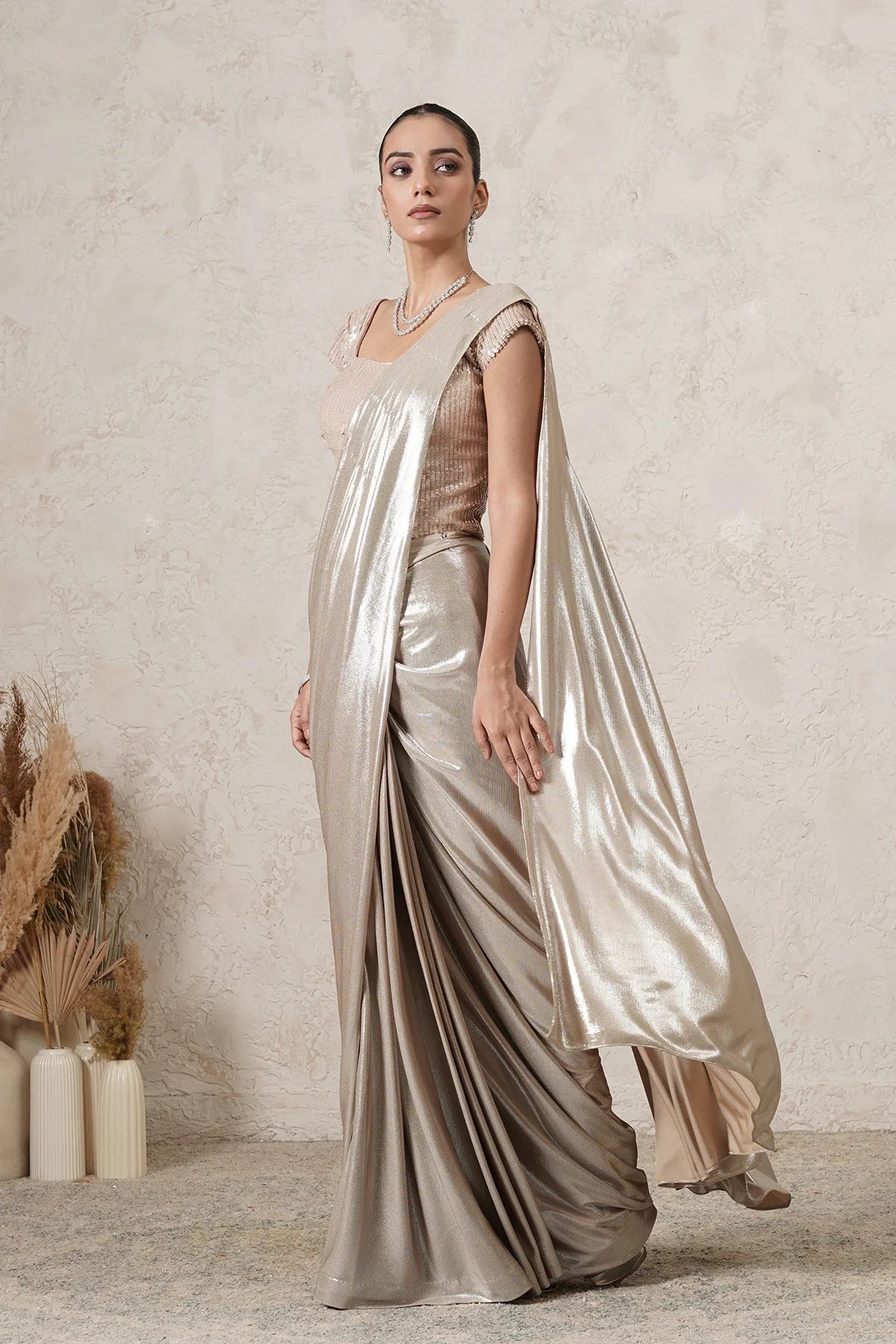 Chandni Metallic Pre-Draped Saree with Sequin Blouse | Light Beige Women | THETAA