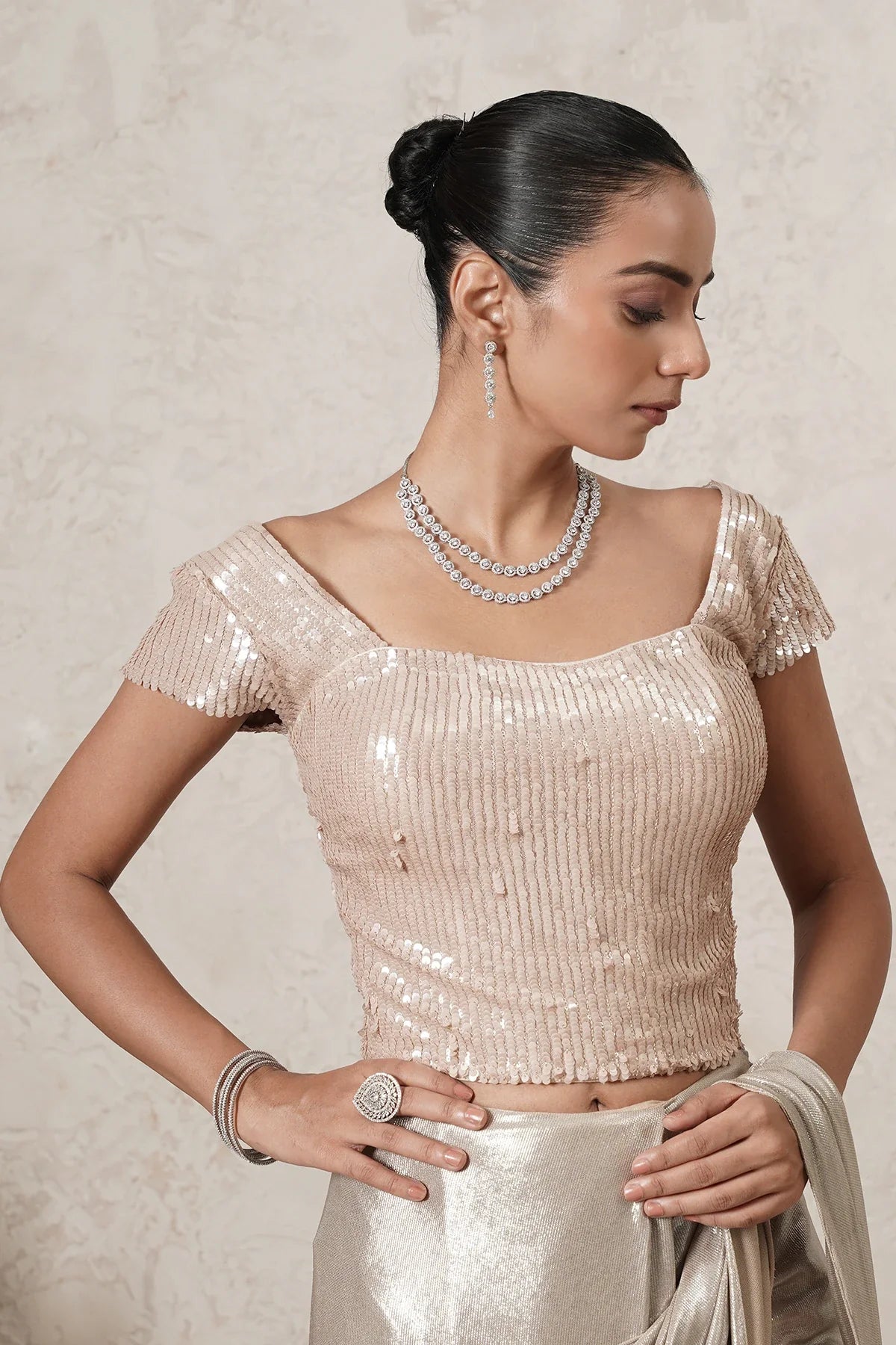 Chandni Metallic Pre-Draped Saree with Sequin Blouse | Light Beige Women | THETAA