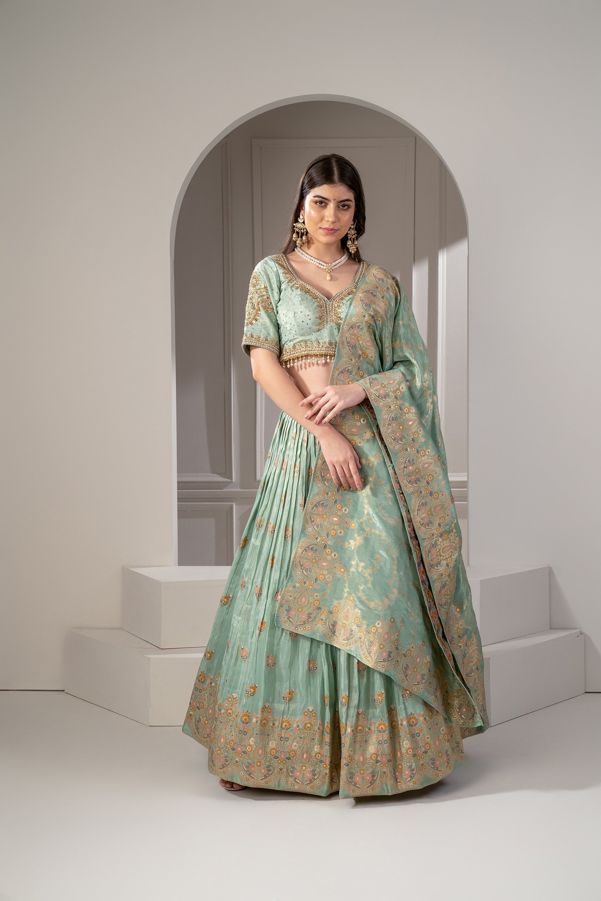 Lily Green Banarasi Silk Sequins and Zari Embroidered Lehenga Set.