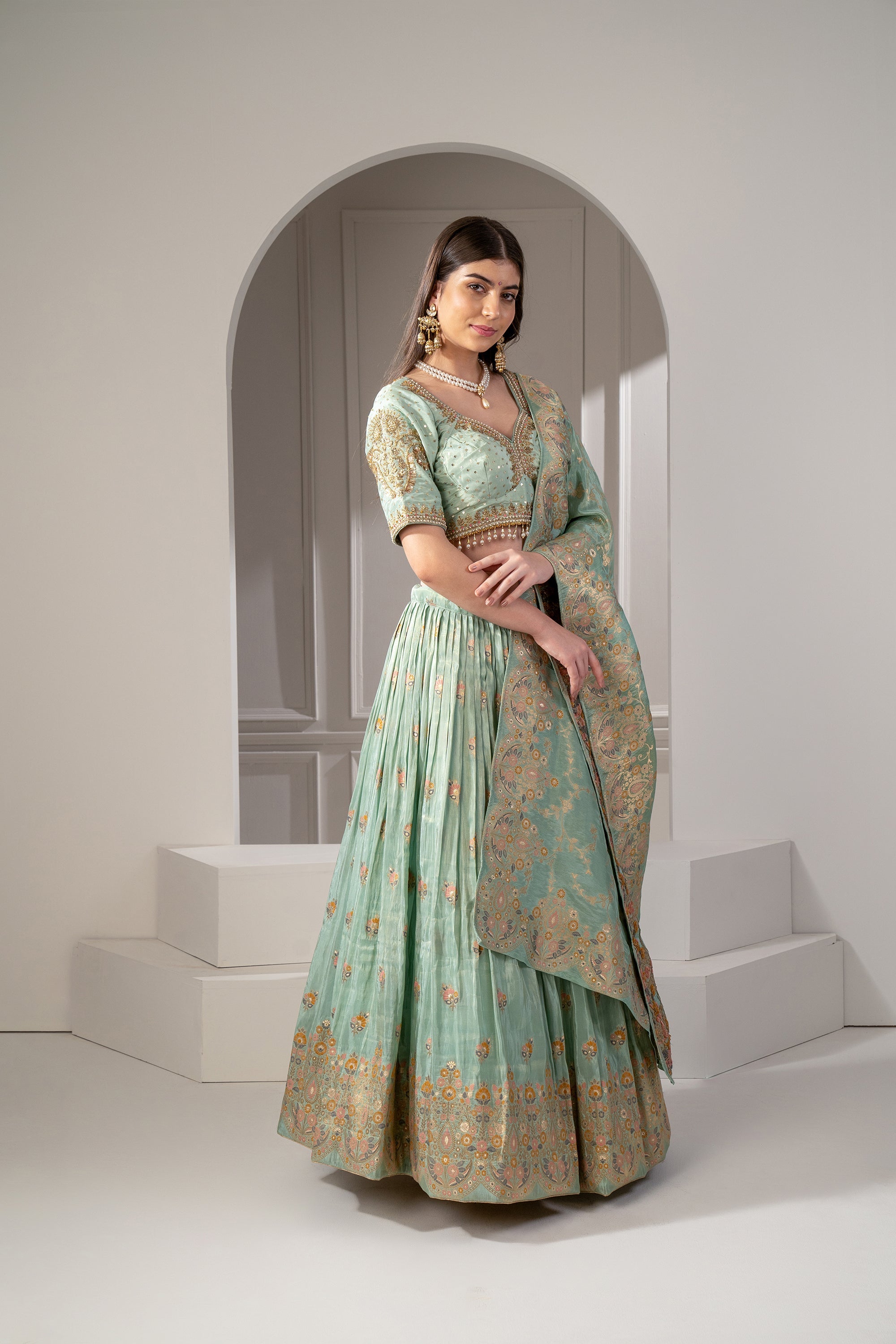 Lily Green Banarasi Silk Sequins and Zari Embroidered Lehenga Set.