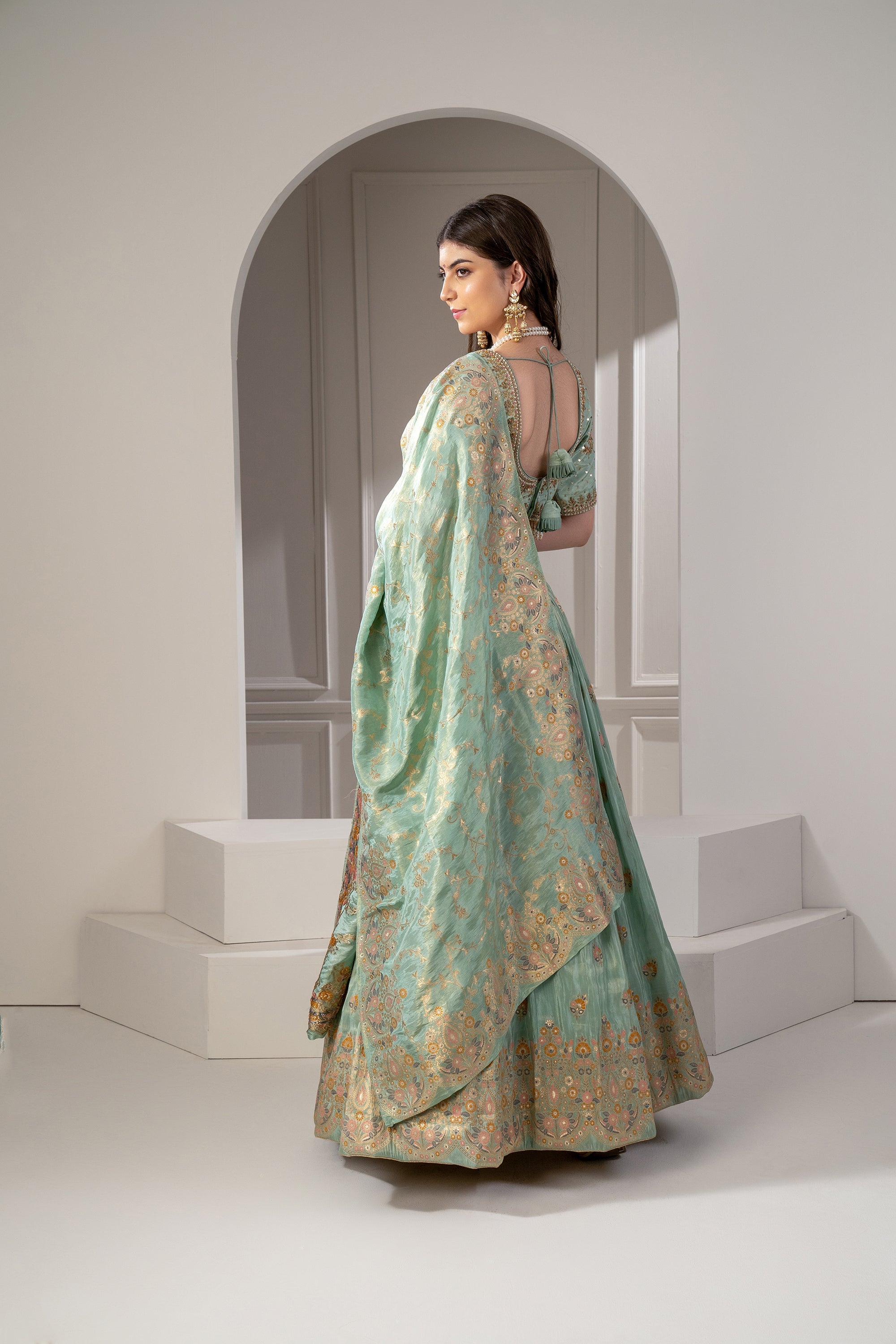 Lily Green Banarasi Silk Sequins and Zari Embroidered Lehenga Set.