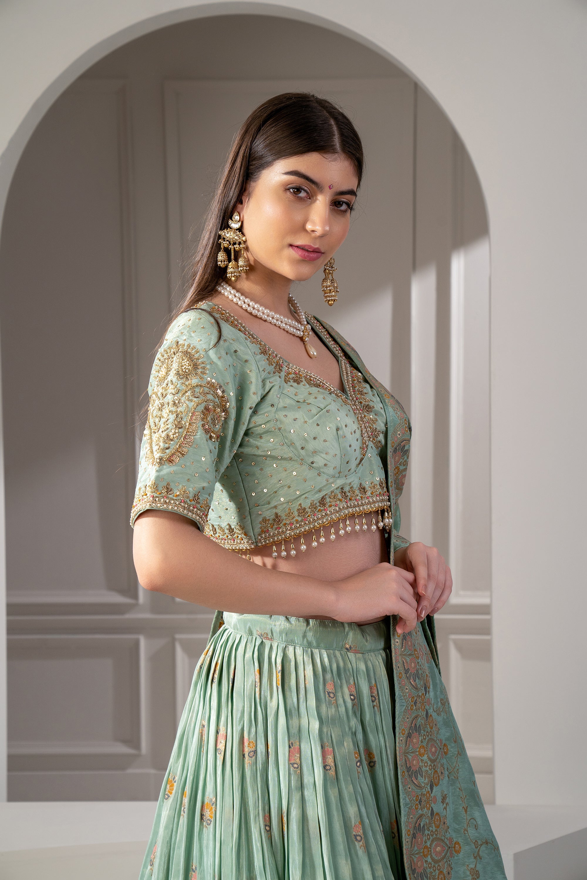 Lily Green Banarasi Silk Sequins and Zari Embroidered Lehenga Set.