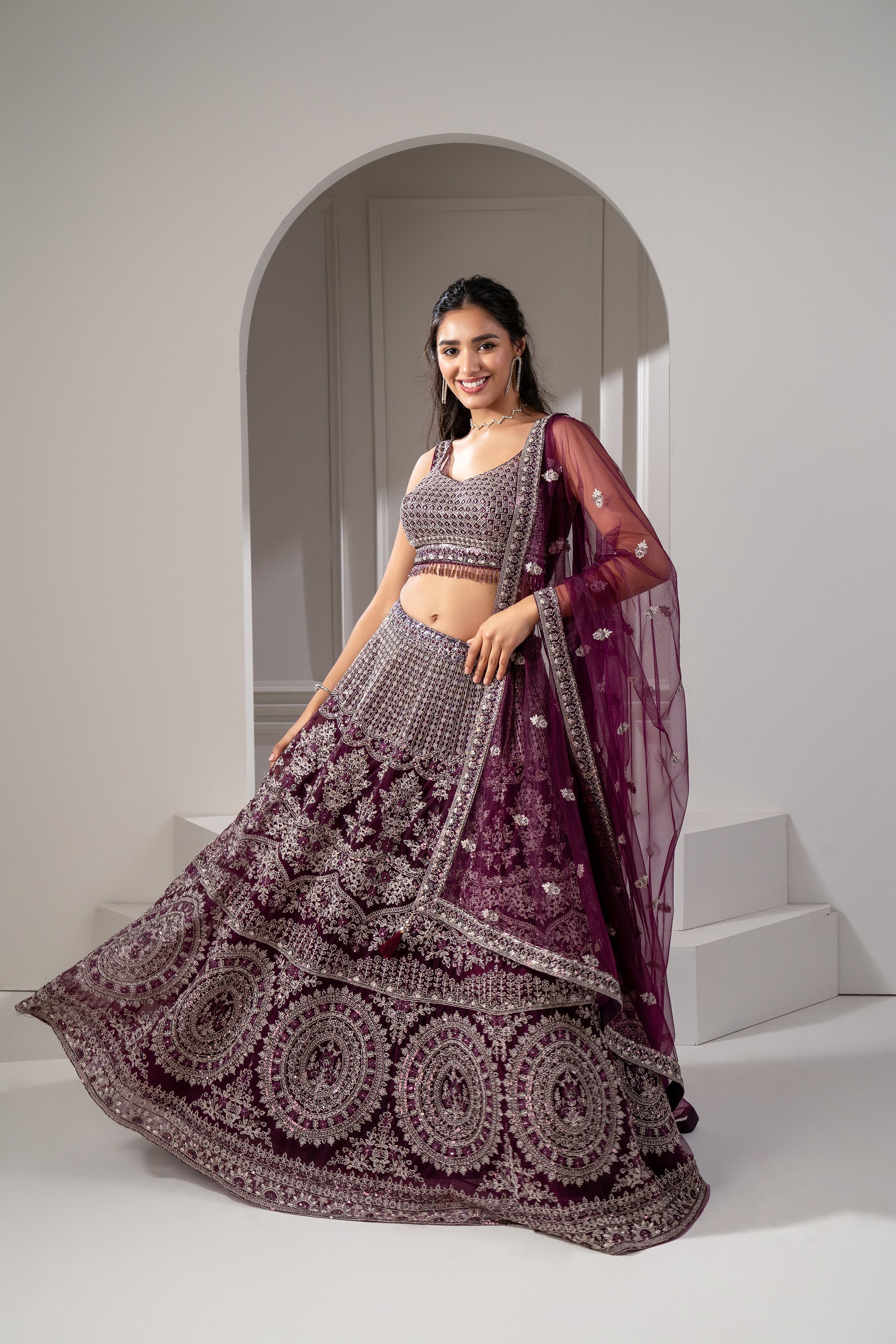 Wine Red Organza Net Sequins, Zari and Thread Embroidered Lehenga Set