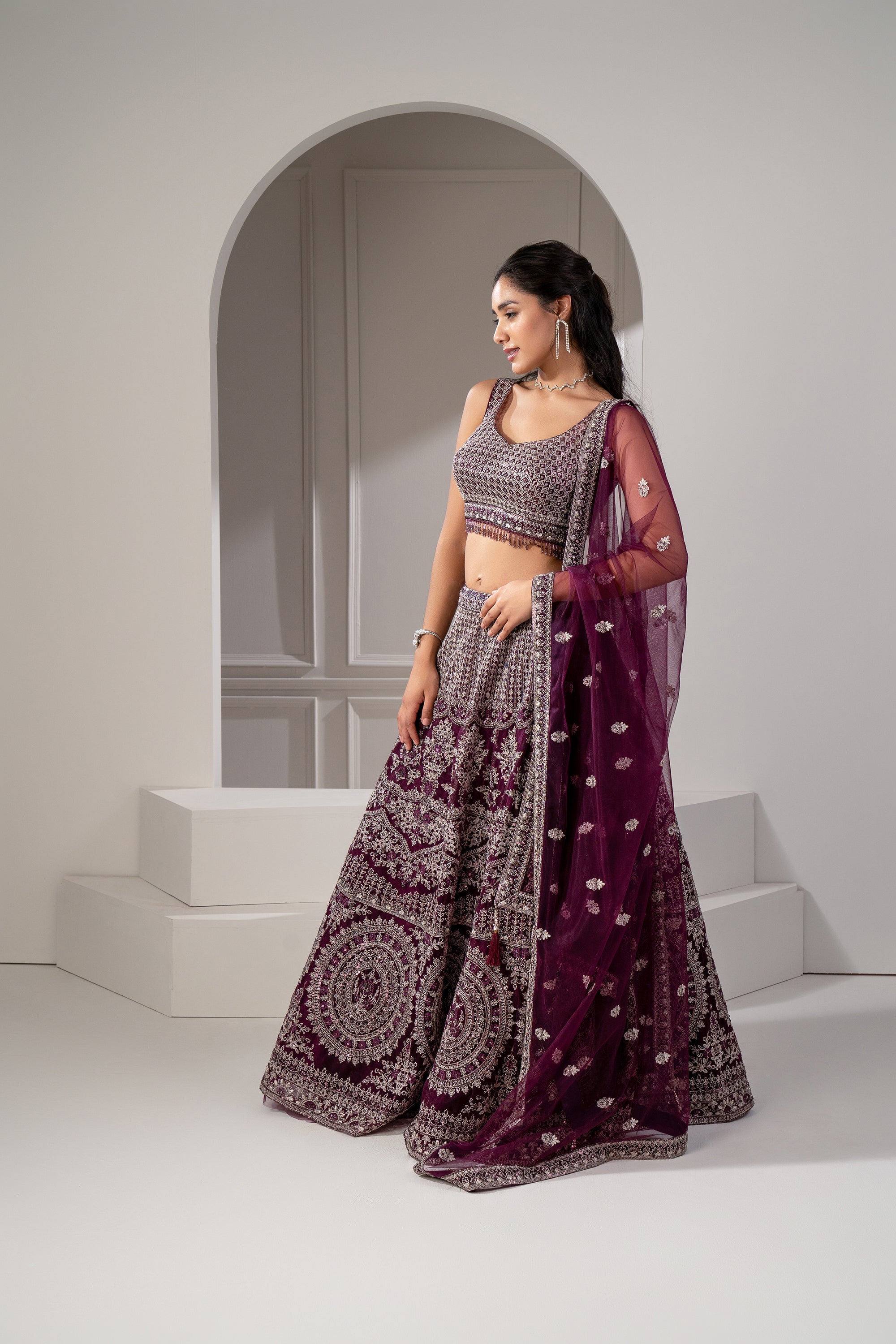 Wine Red Organza Net Sequins, Zari and Thread Embroidered Lehenga Set
