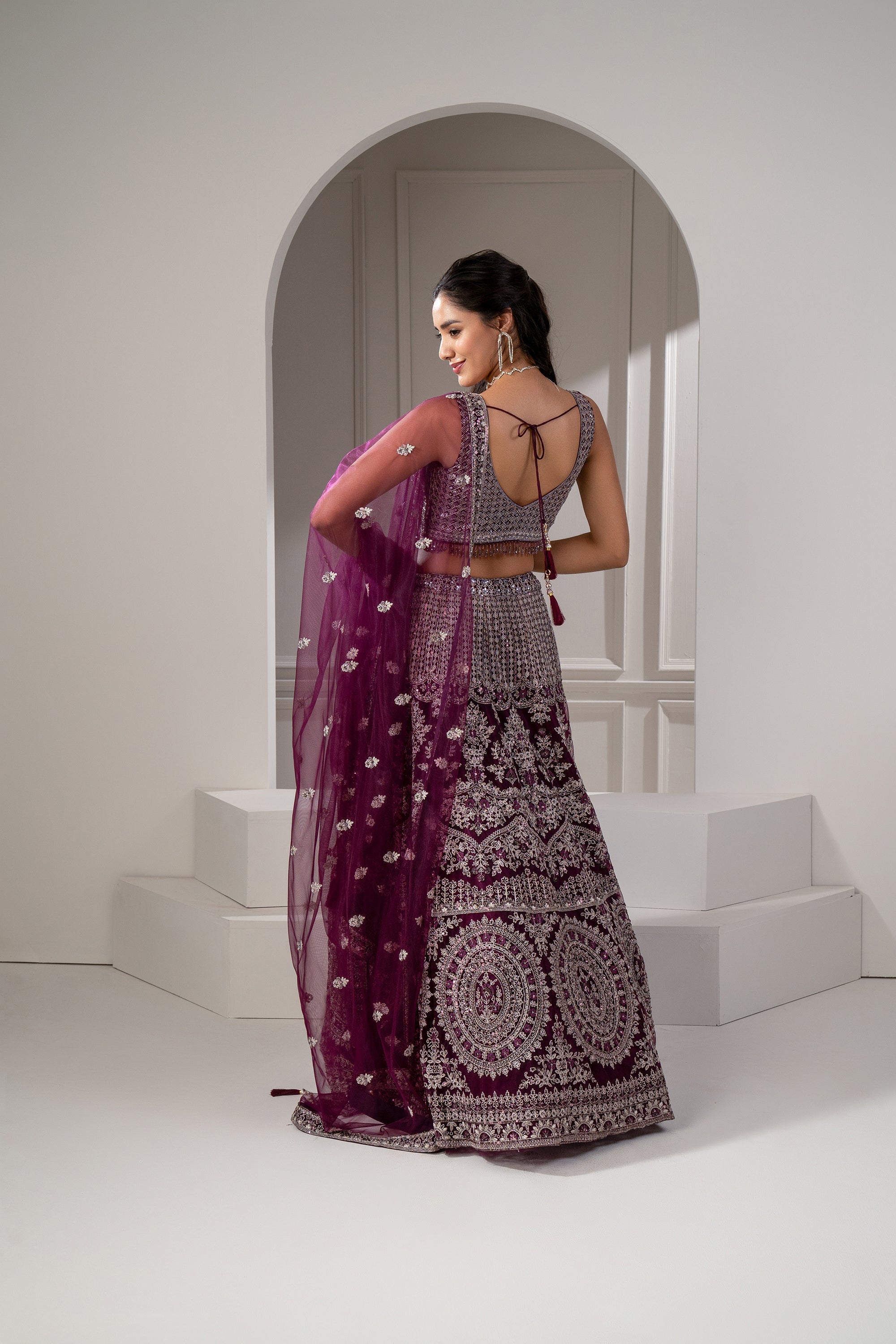 Wine Red Organza Net Sequins, Zari and Thread Embroidered Lehenga Set