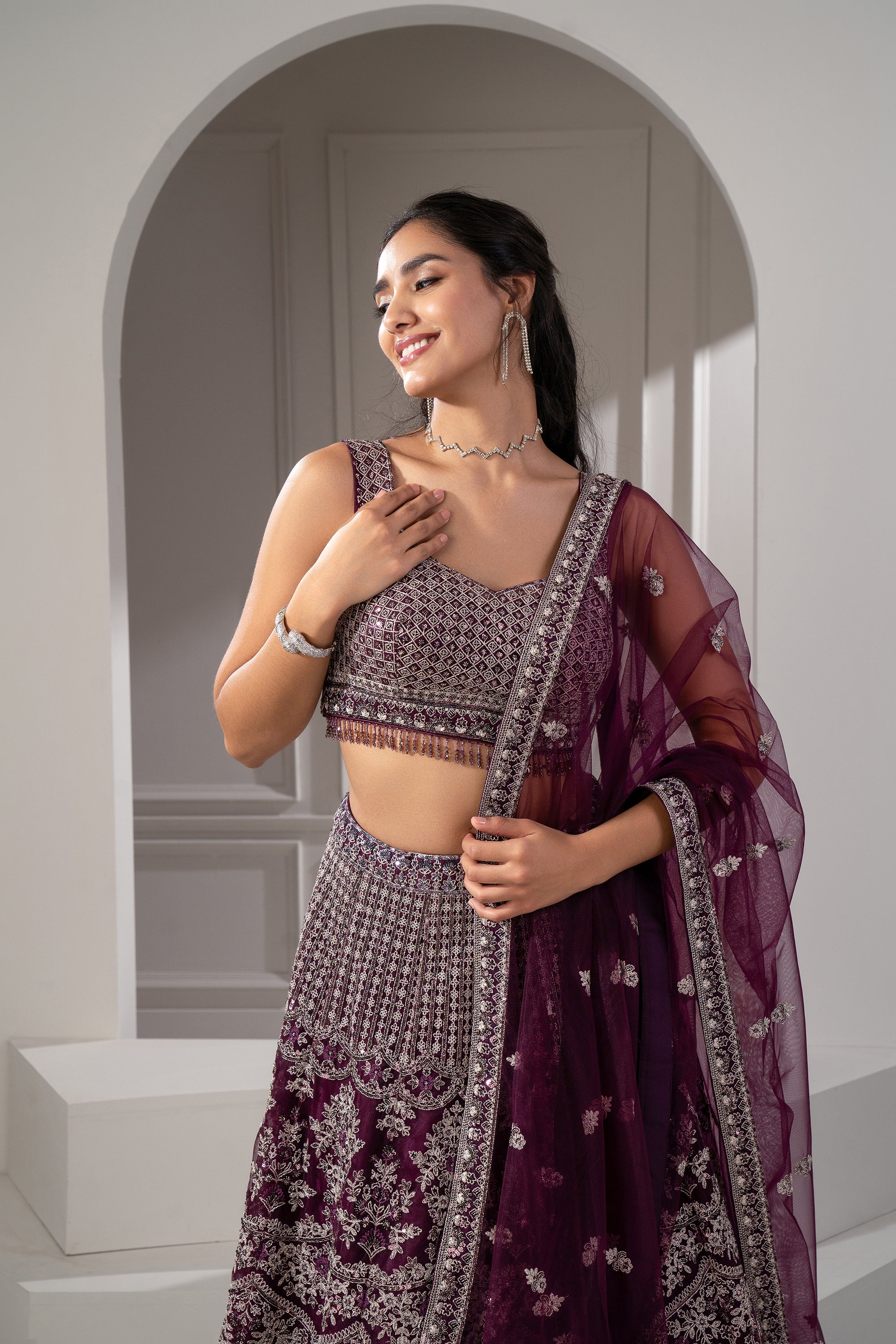 Wine Red Organza Net Sequins, Zari and Thread Embroidered Lehenga Set