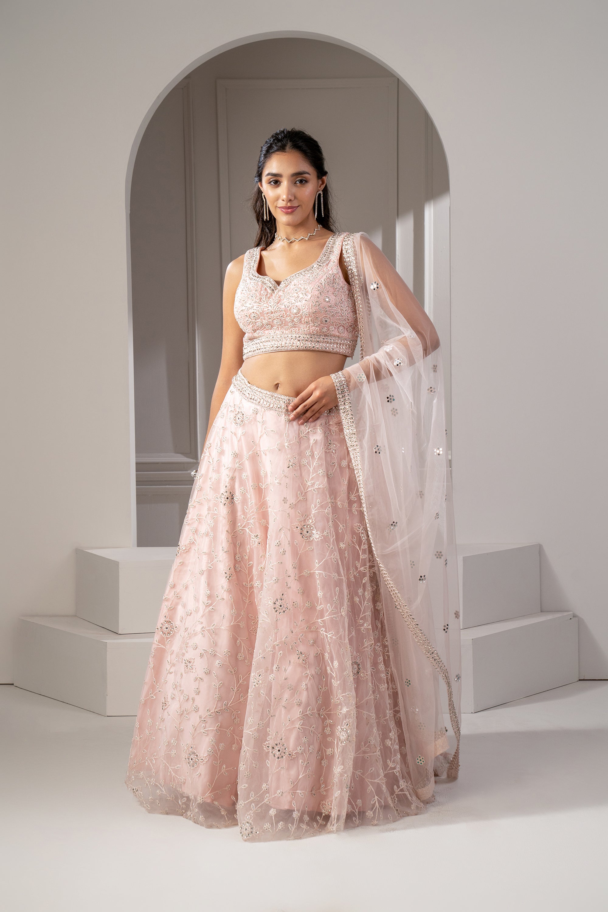 Blush Peach Organza Net Lehenga Set with Mirror, Thread and Sequins Embellishments,