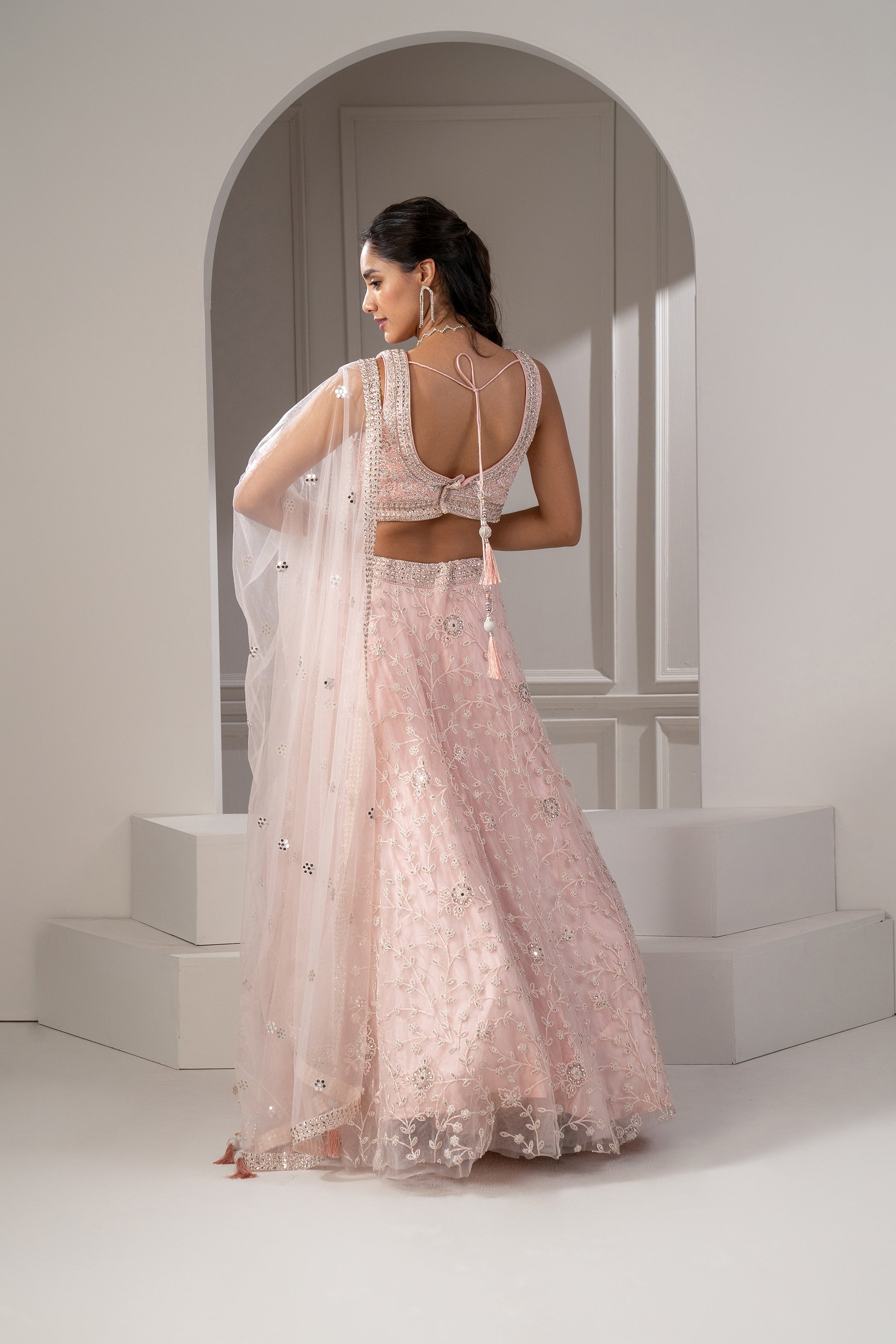 Blush Peach Organza Net Lehenga Set with Mirror, Thread and Sequins Embellishments,