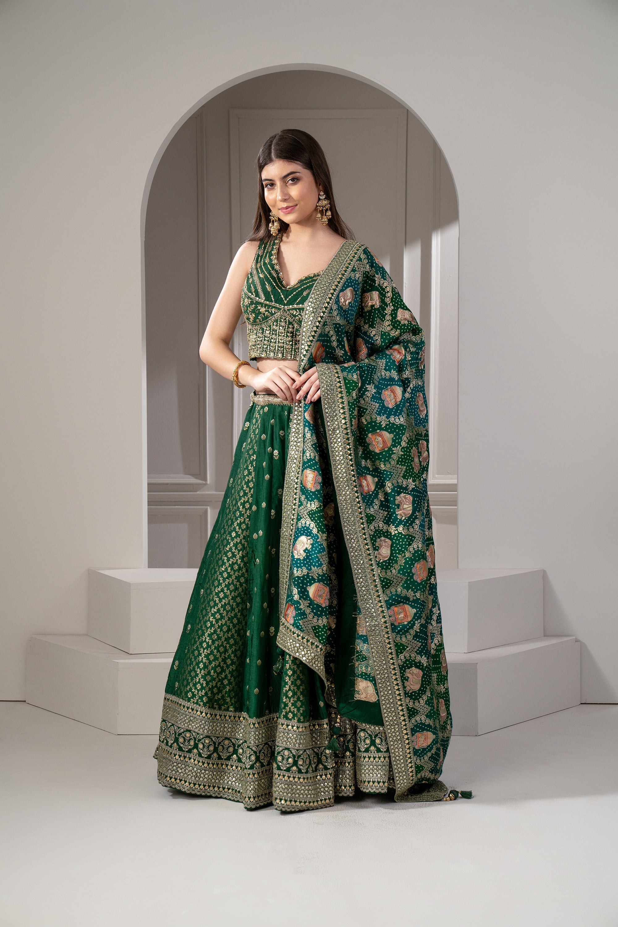 Castleton Green Sequins, Zari and Thread Embroidered Semi Silk Lehenga Set.