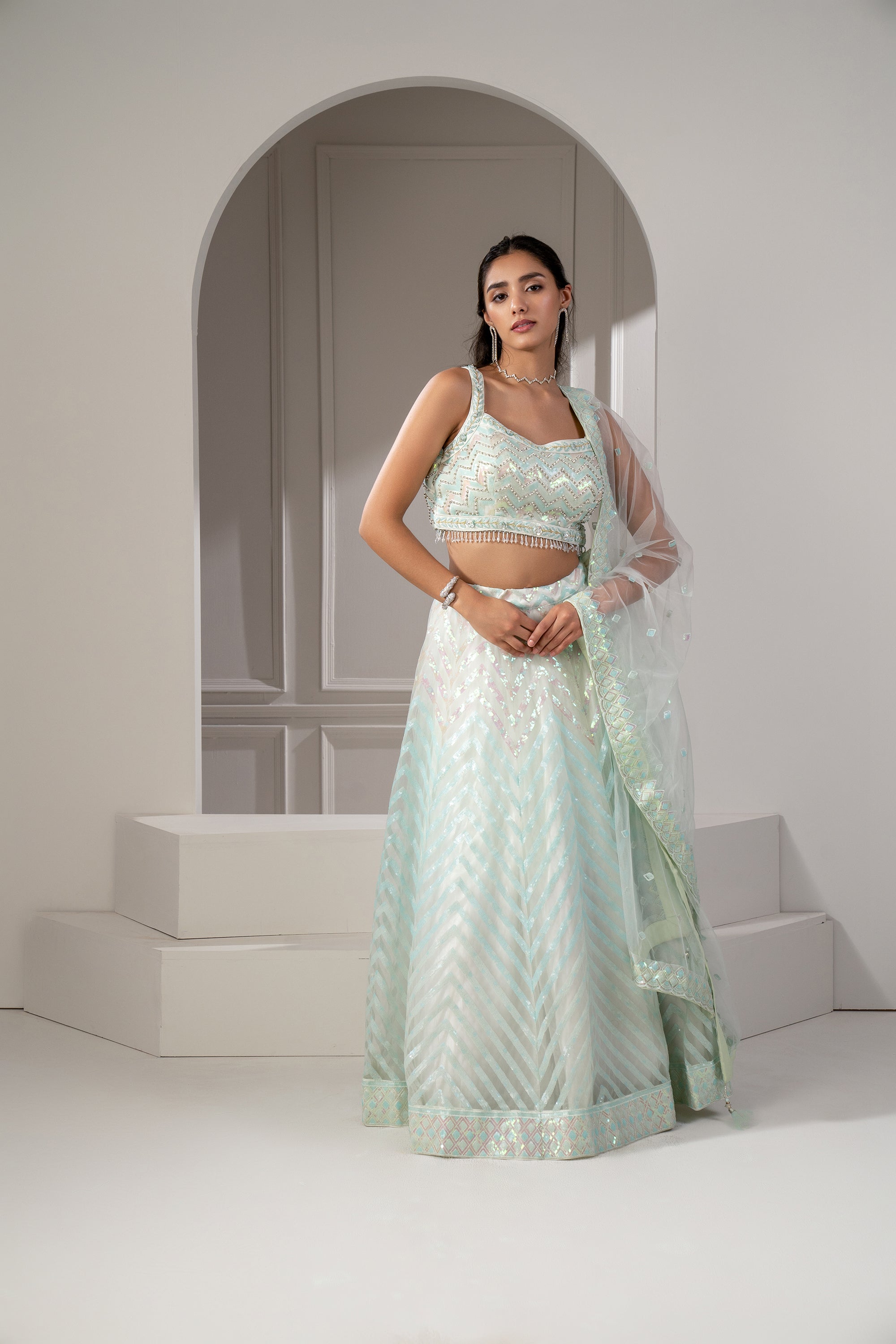 Pista Green Organaza Net Lehenga Set with sequins and stone embellishments.