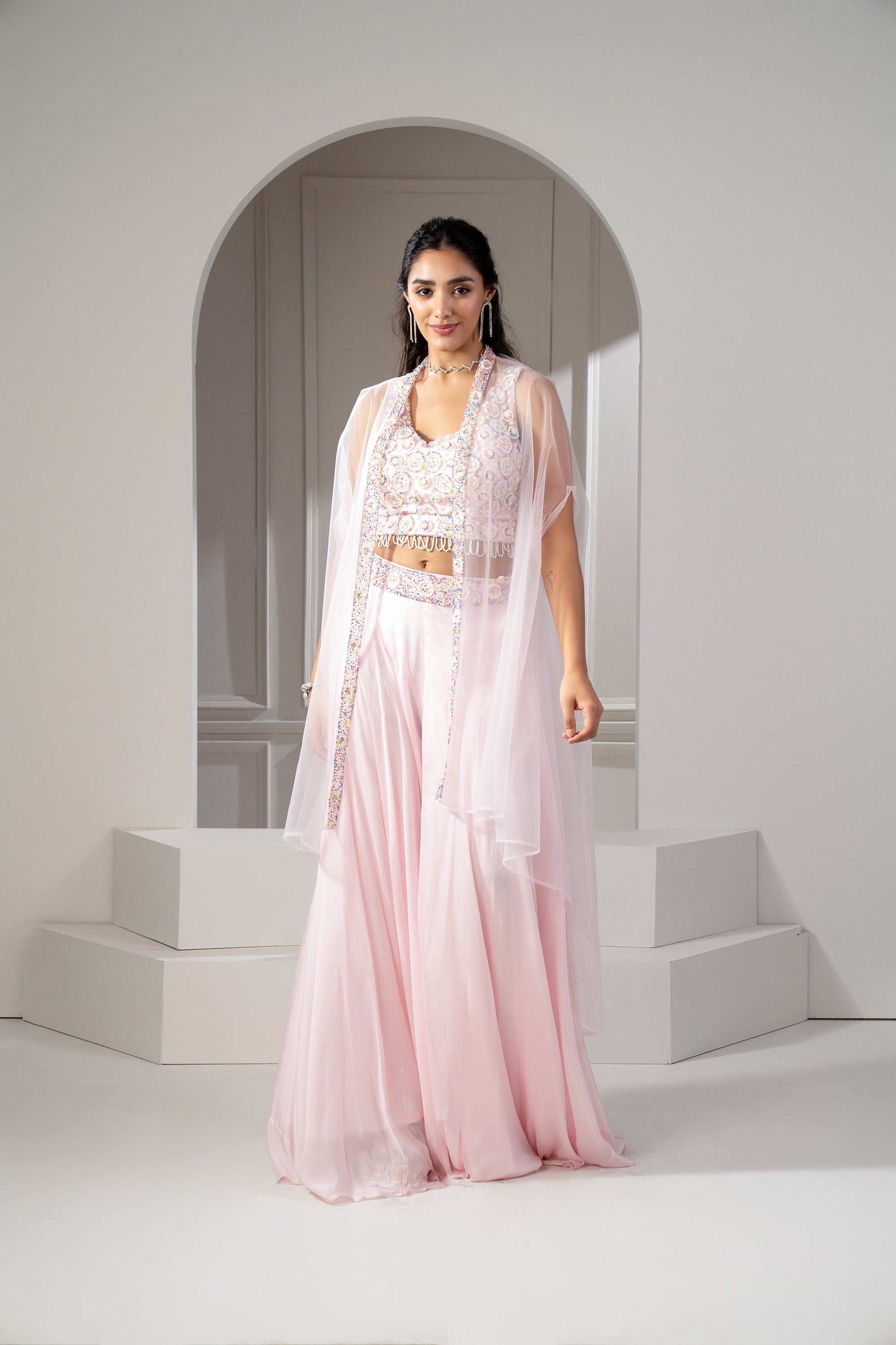 Baby Pink Satin Silk Lehenga Choli set with sequins and cutdana work