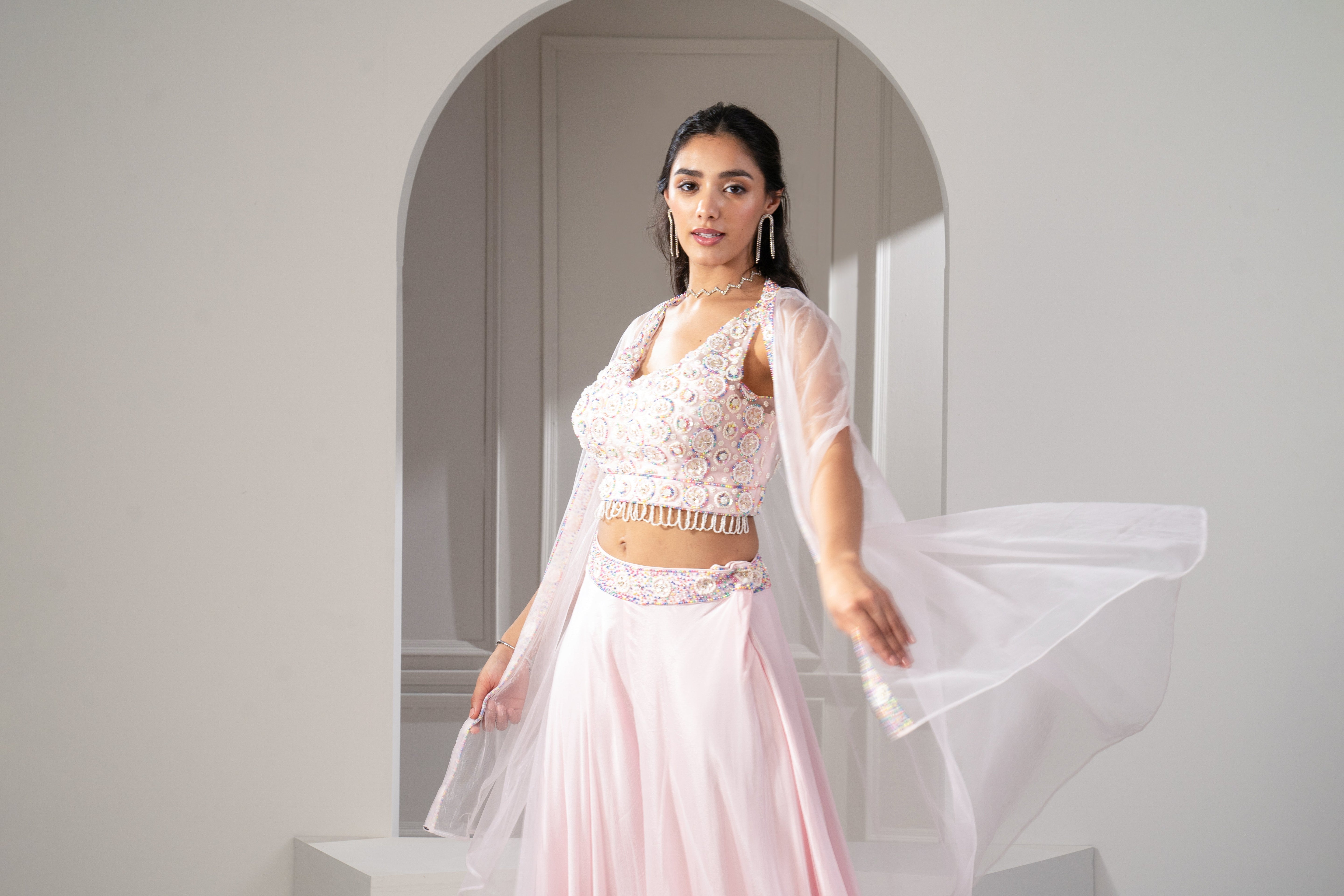 Baby Pink Satin Silk Lehenga Choli set with sequins and cutdana work