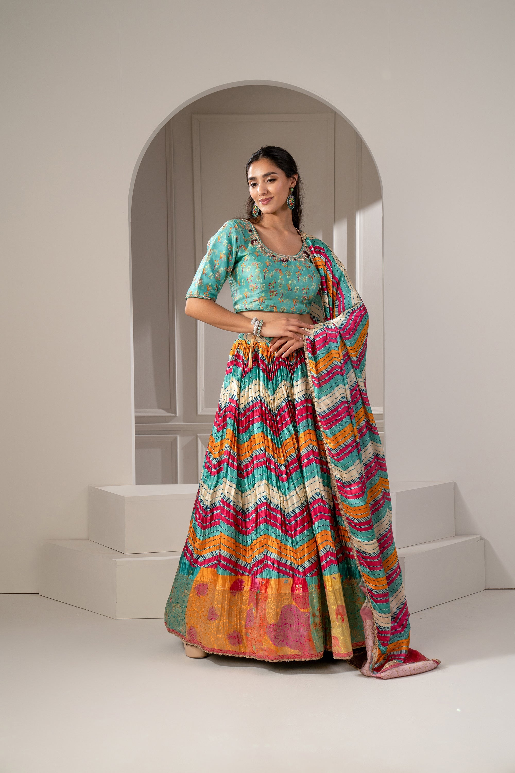 Multicoloured Sharting Silk Printed Lehenga Set