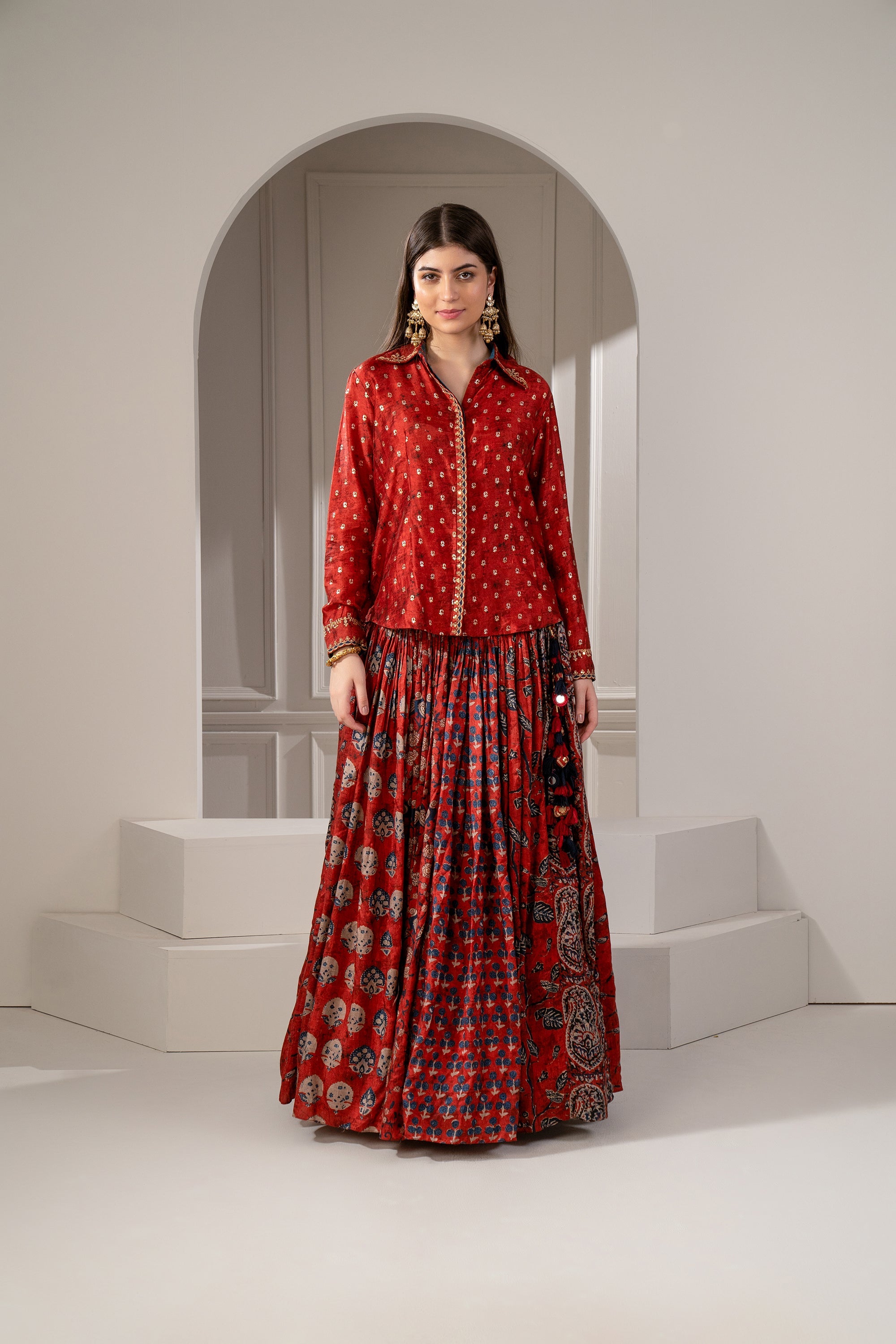 Brick Red Sharting Silk Printed Indo Western Set