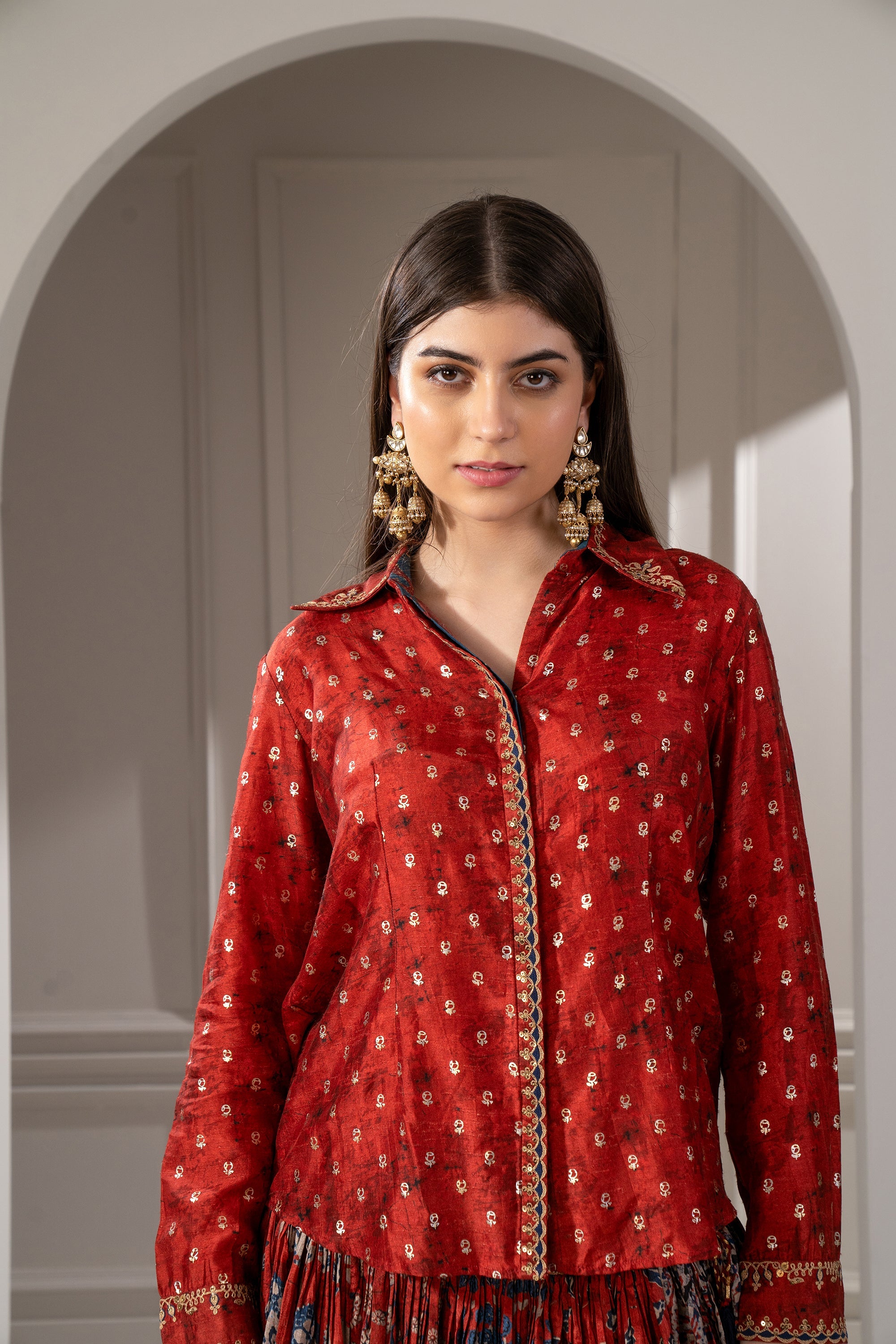 Brick Red Sharting Silk Printed Indo Western Set