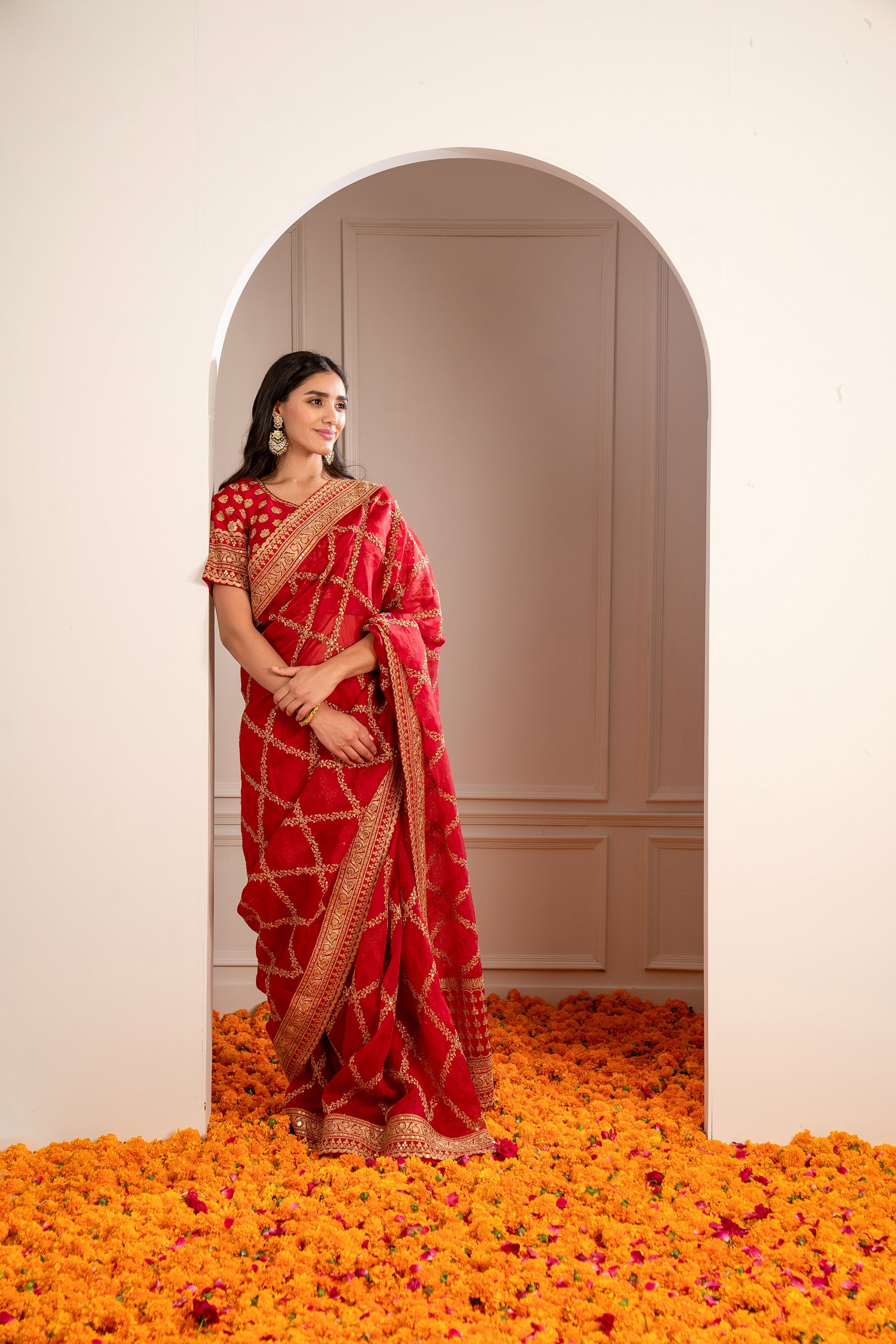 Crimson Red Organza Saree with Pita Work