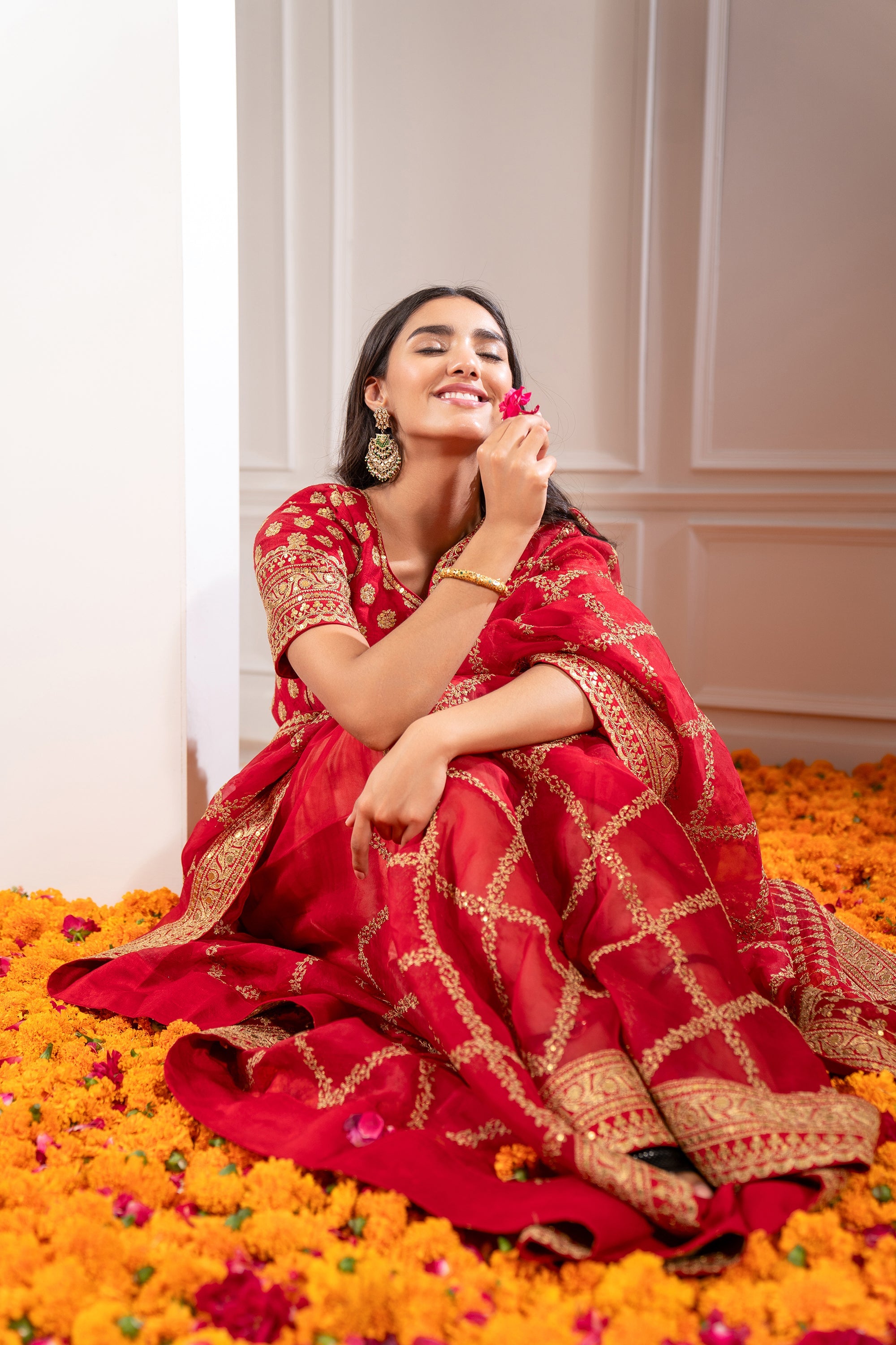 Crimson Red Organza Saree with Pita Work