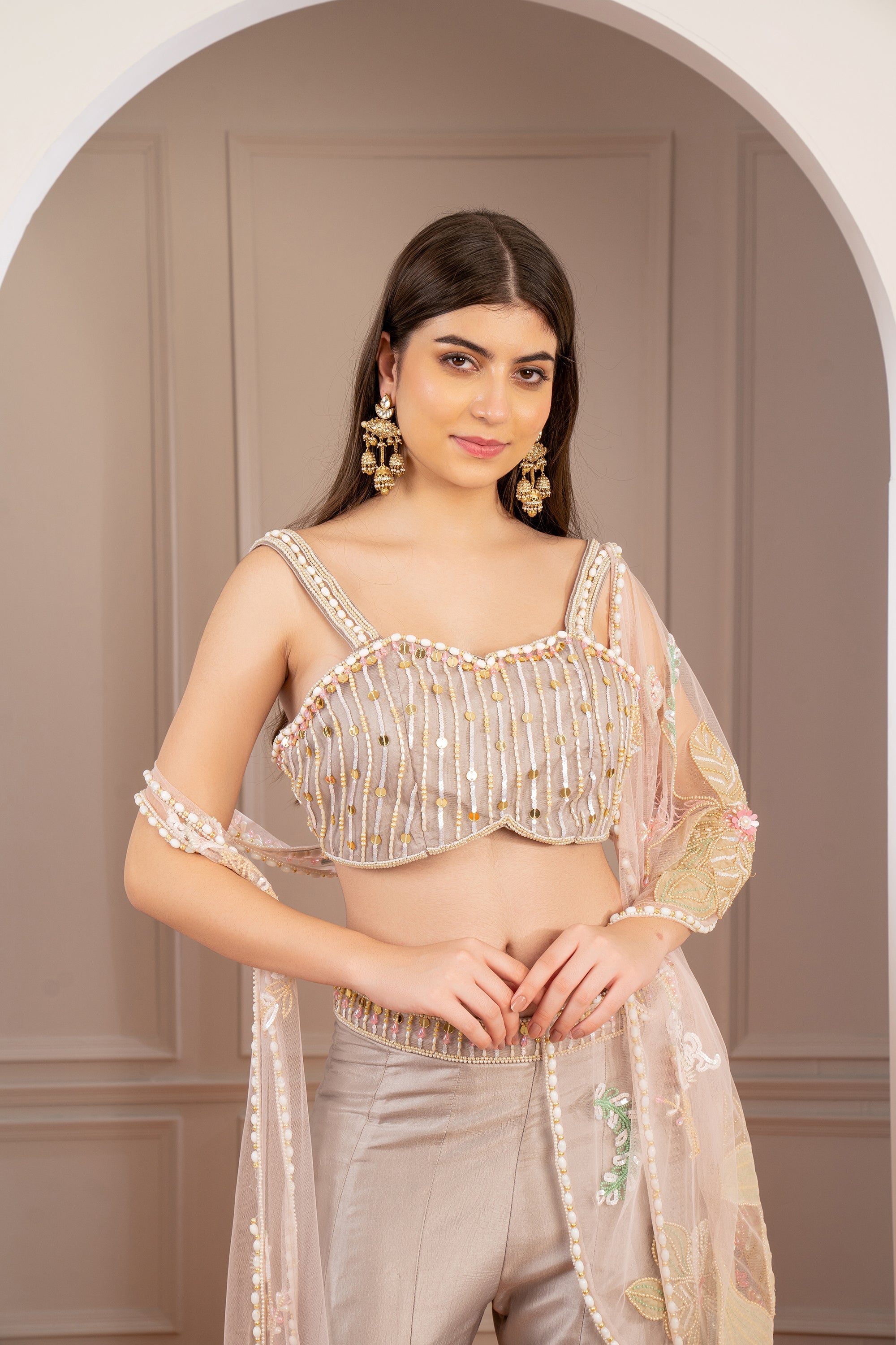 Champagne Gold Organza Sequins and Cutdana Embellished Indo Western Set