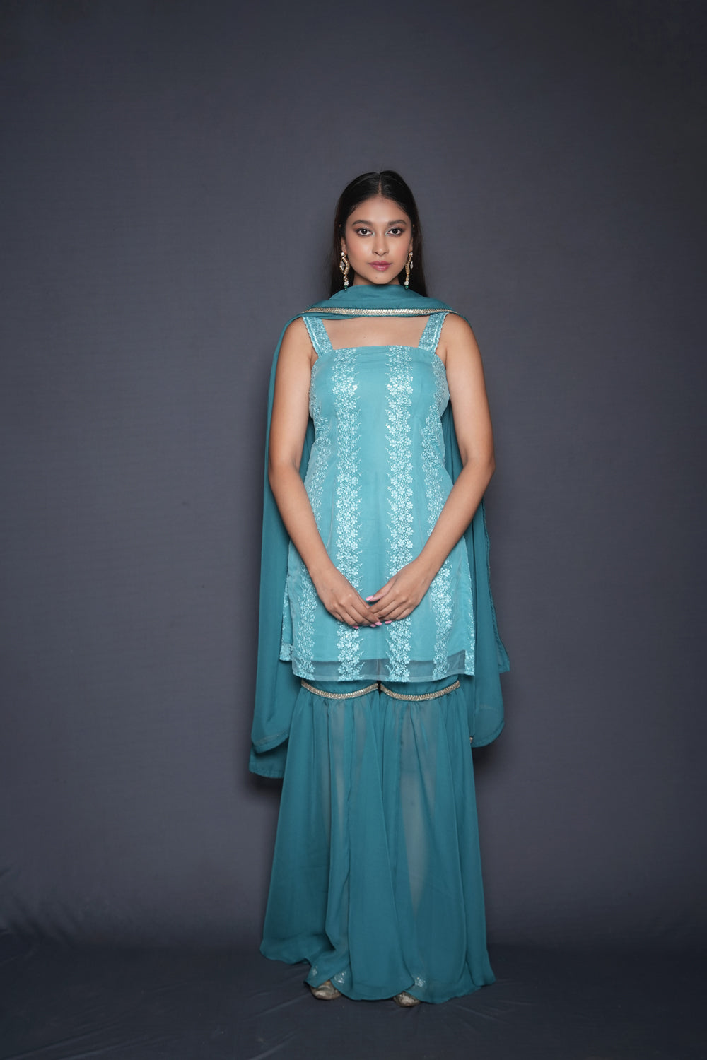 Bright Aqua Kurta Sharara Set - Auraya Fashion - Vinita Paryani - #tag1# - #tag2# - #tag3# - #tag3#