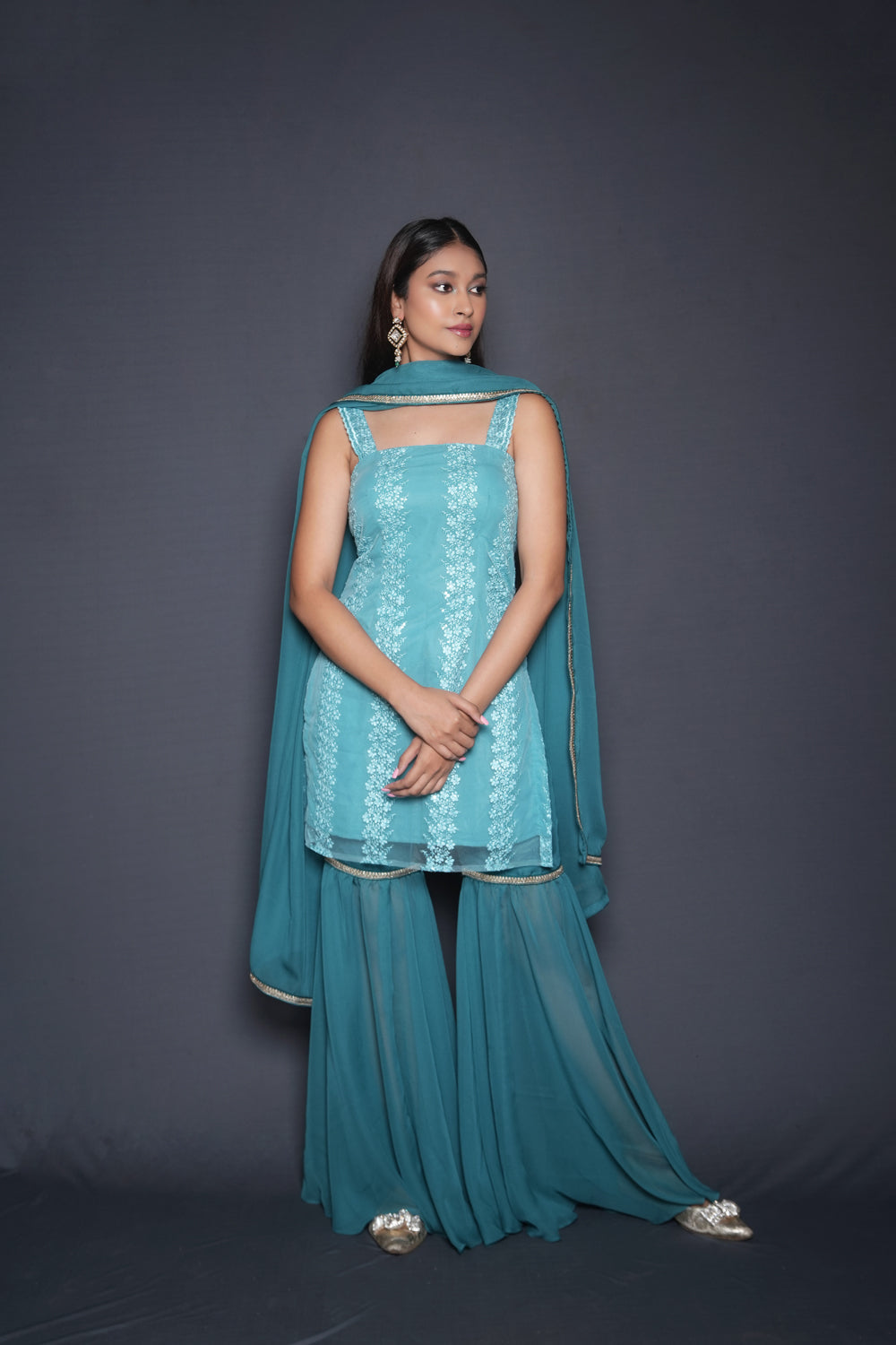 Bright Aqua Kurta Sharara Set - Auraya Fashion -  - #tag1# - #tag2# - #tag3# - #tag3#