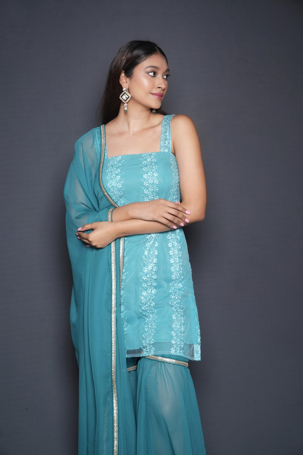 Bright Aqua Kurta Sharara Set - Auraya Fashion -  - #tag1# - #tag2# - #tag3# - #tag3#