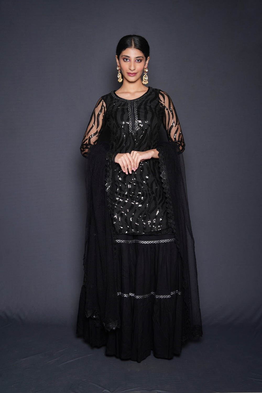 Striking Black Embellished Sharara Set - Auraya Fashion - Vinita Paryani - #tag1# - #tag2# - #tag3# - #tag3#