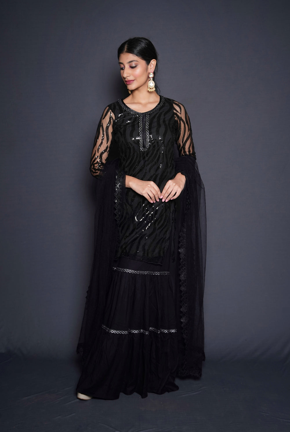 Striking Black Embellished Sharara Set - Auraya Fashion -  - #tag1# - #tag2# - #tag3# - #tag3#