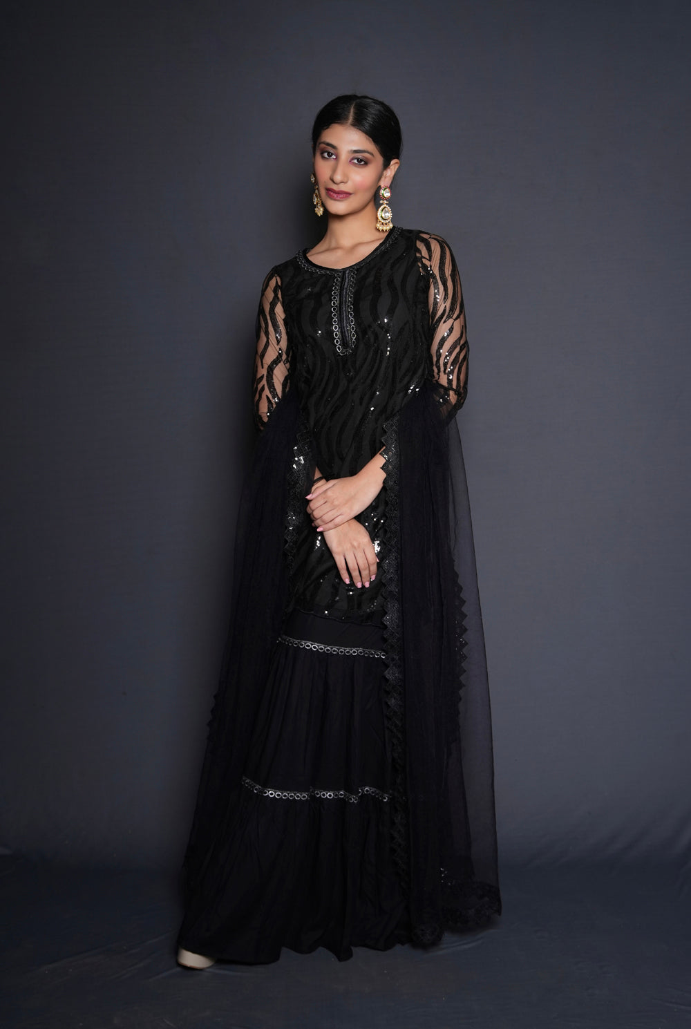 Striking Black Embellished Sharara Set - Auraya Fashion -  - #tag1# - #tag2# - #tag3# - #tag3#