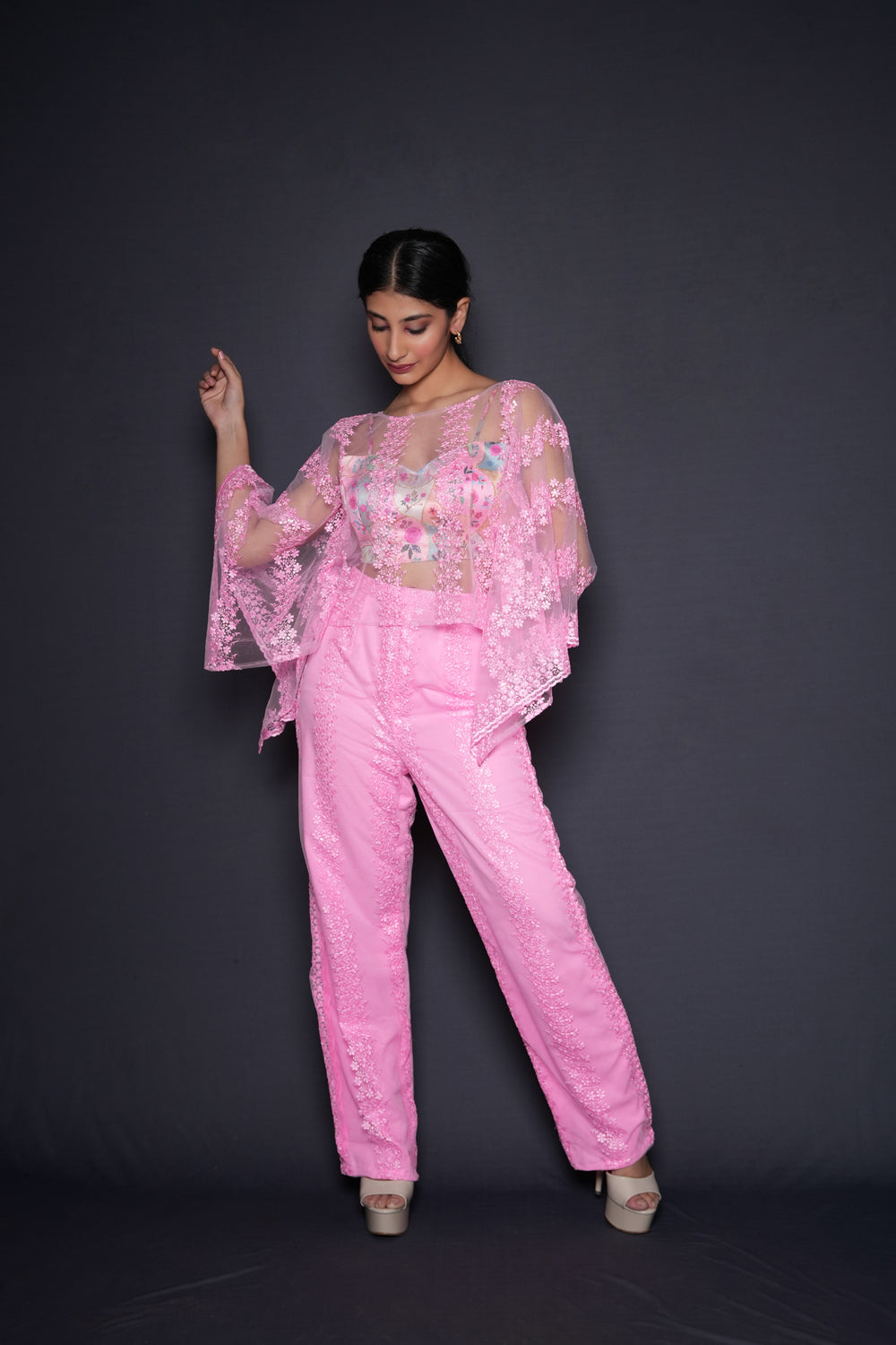 Pink Cropped Cape Blouse Pant Set - Auraya Fashion -  - #tag1# - #tag2# - #tag3# - #tag3#