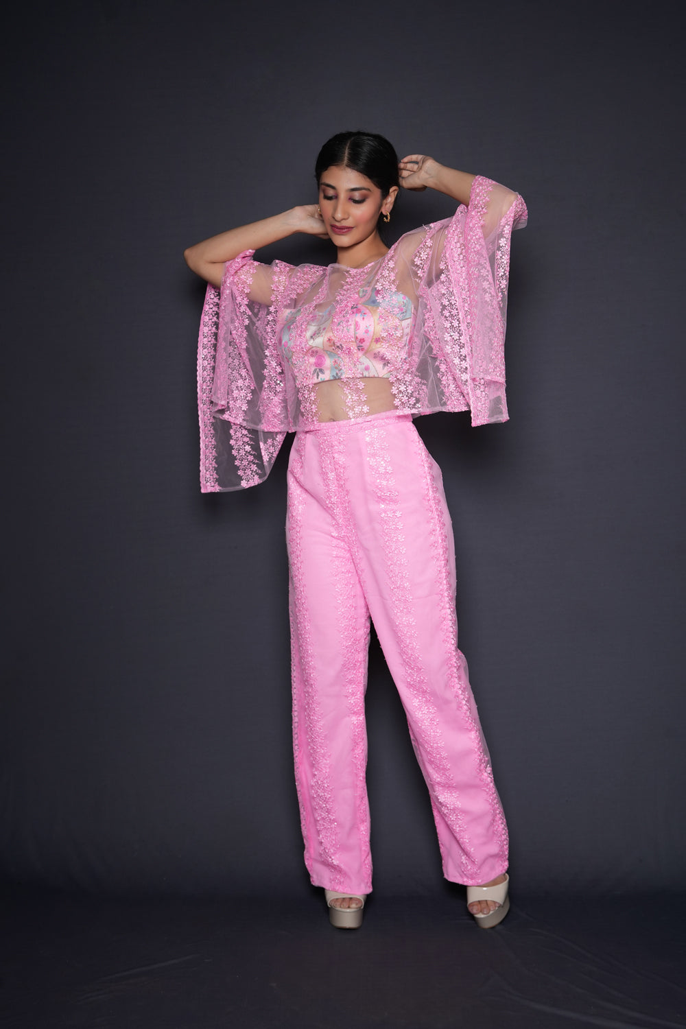 Pink Cropped Cape Blouse Pant Set - Auraya Fashion -  - #tag1# - #tag2# - #tag3# - #tag3#