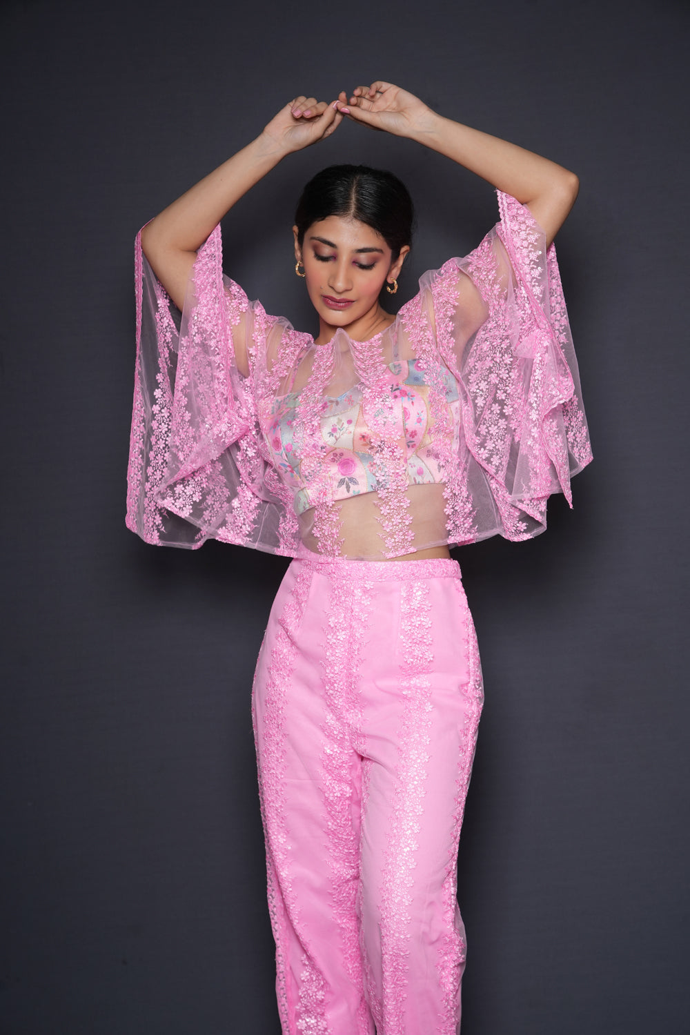 Pink Cropped Cape Blouse Pant Set - Auraya Fashion - Vinita Paryani - #tag1# - #tag2# - #tag3# - #tag3#