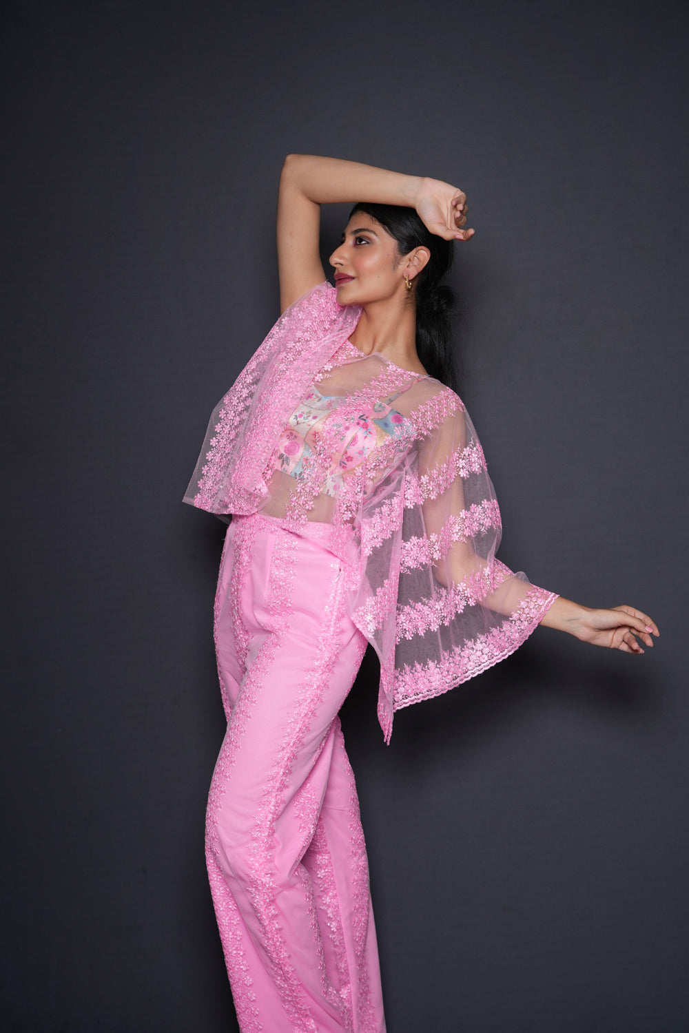 Pink Cropped Cape Blouse Pant Set - Auraya Fashion -  - #tag1# - #tag2# - #tag3# - #tag3#