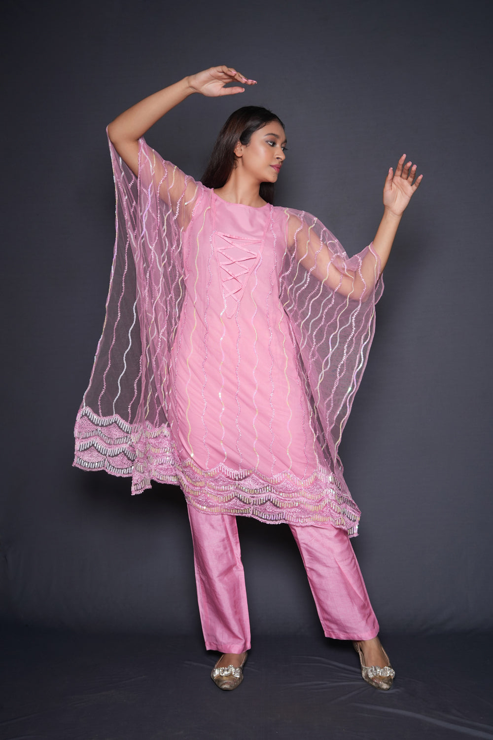 Pink Embellished Kaftan Pant Set - Auraya Fashion - Vinita Paryani - #tag1# - #tag2# - #tag3# - #tag3#