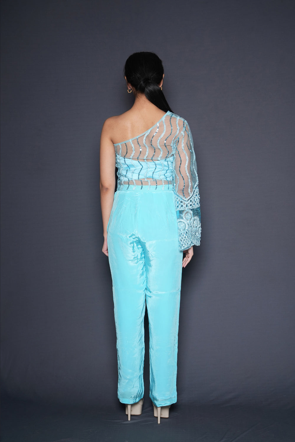 Zima Blue Embellished Offshoulder Blouse Pant Set