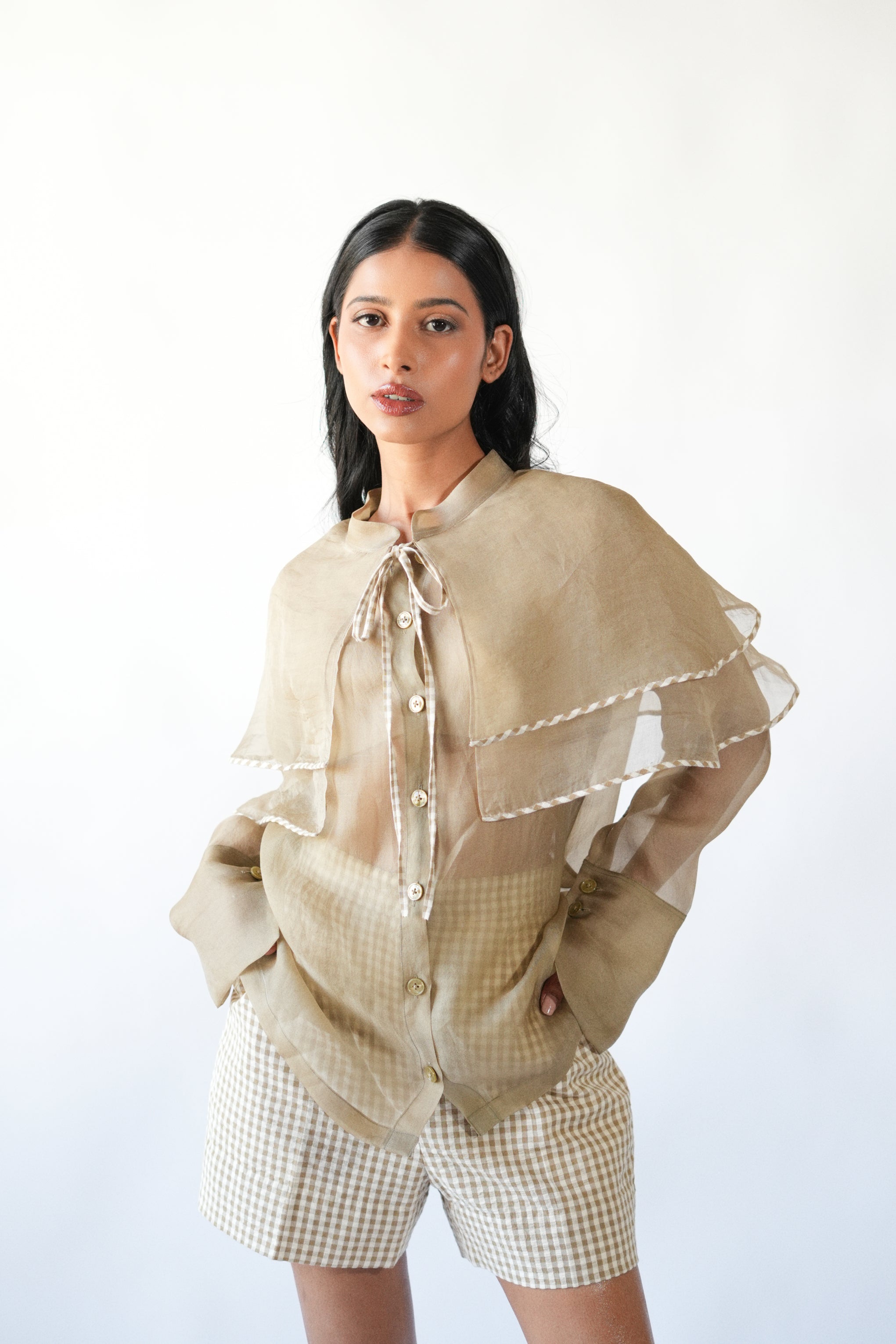 Sunlit Checkered Shorts and Ruffled Oversized Shirt Luxury Co-ord Set
