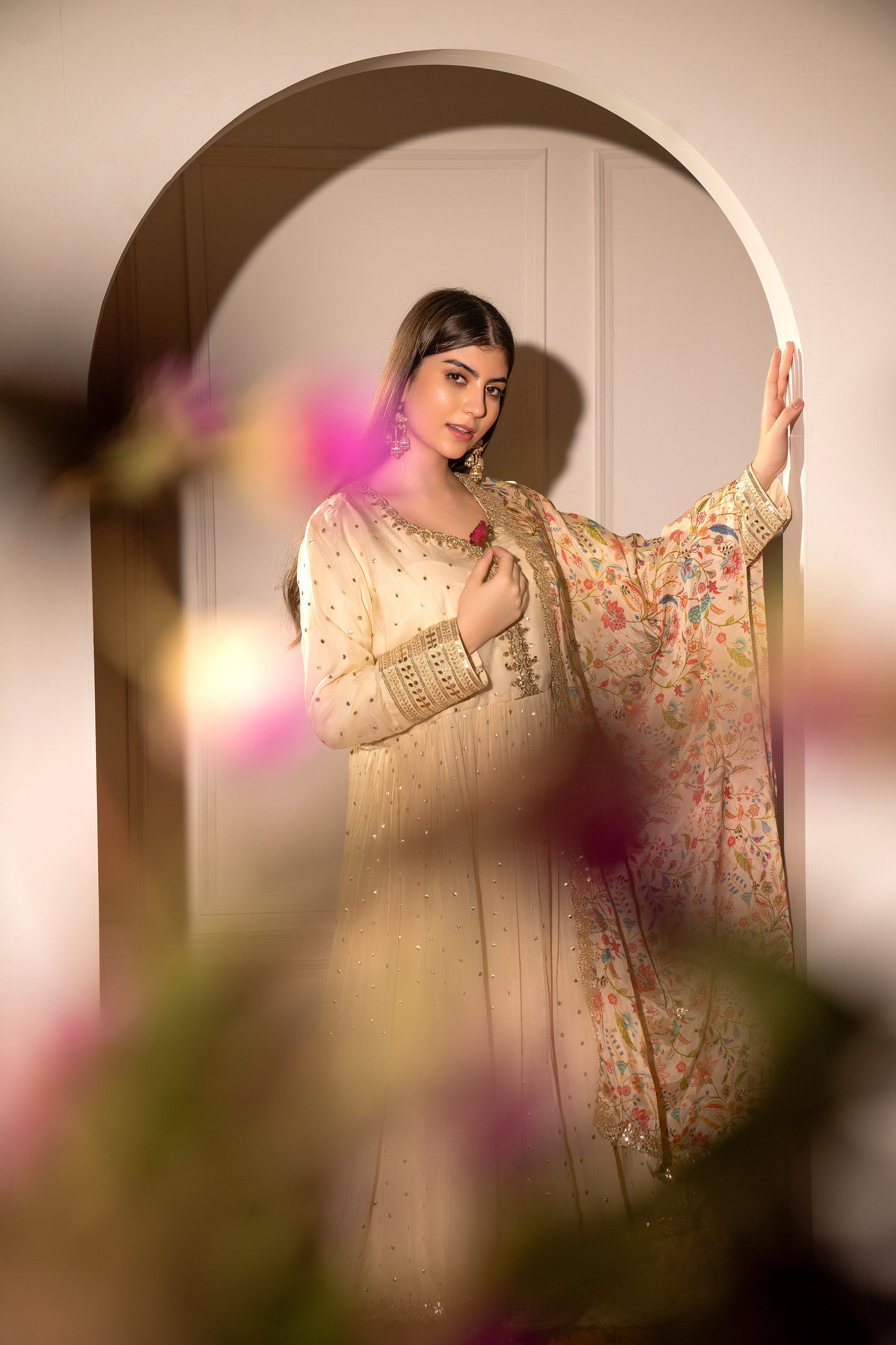 Cream Beige Soft Silk Gown with Polka Mirrors