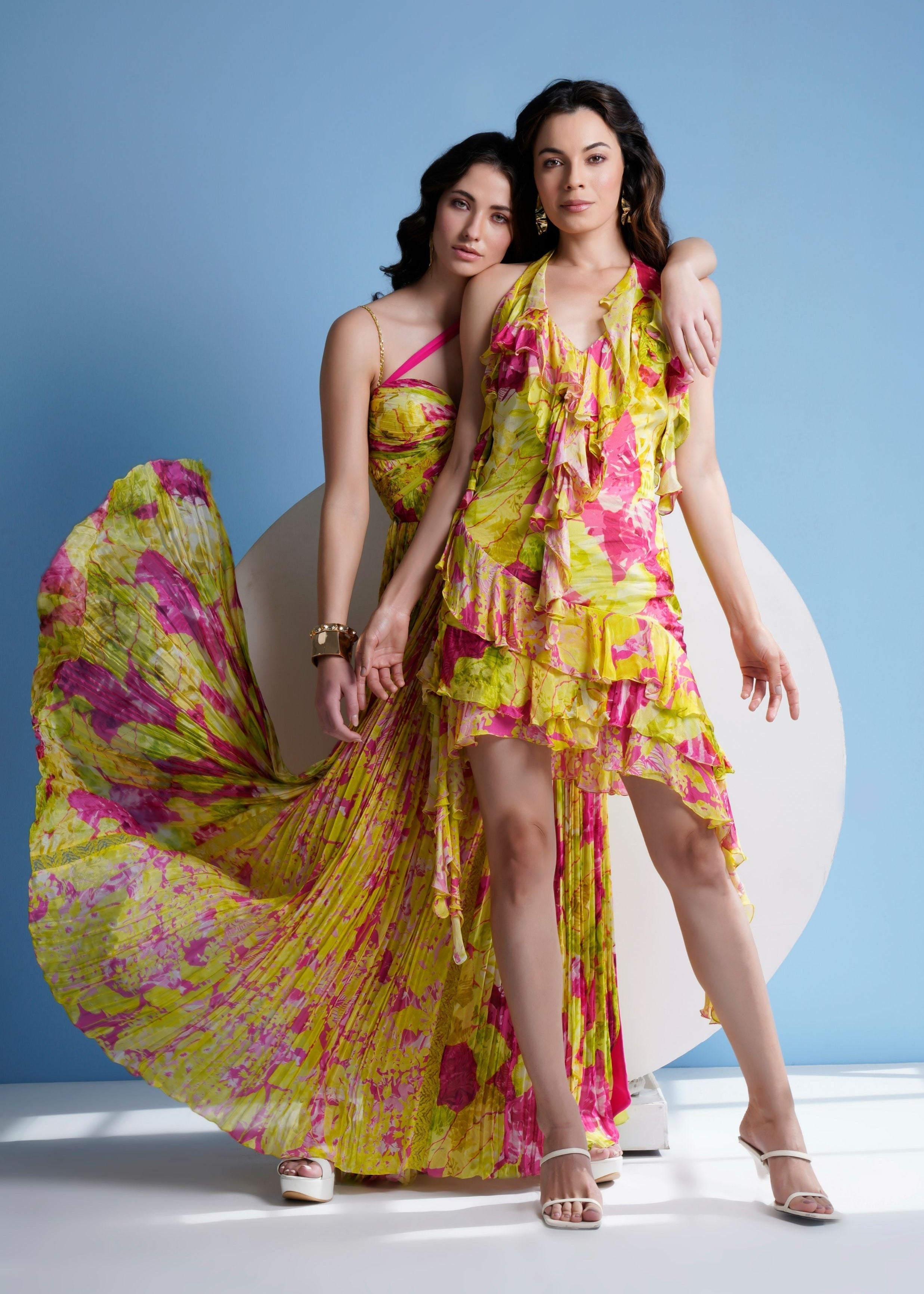 Floral Maxi Dress in Pleated Chiffon