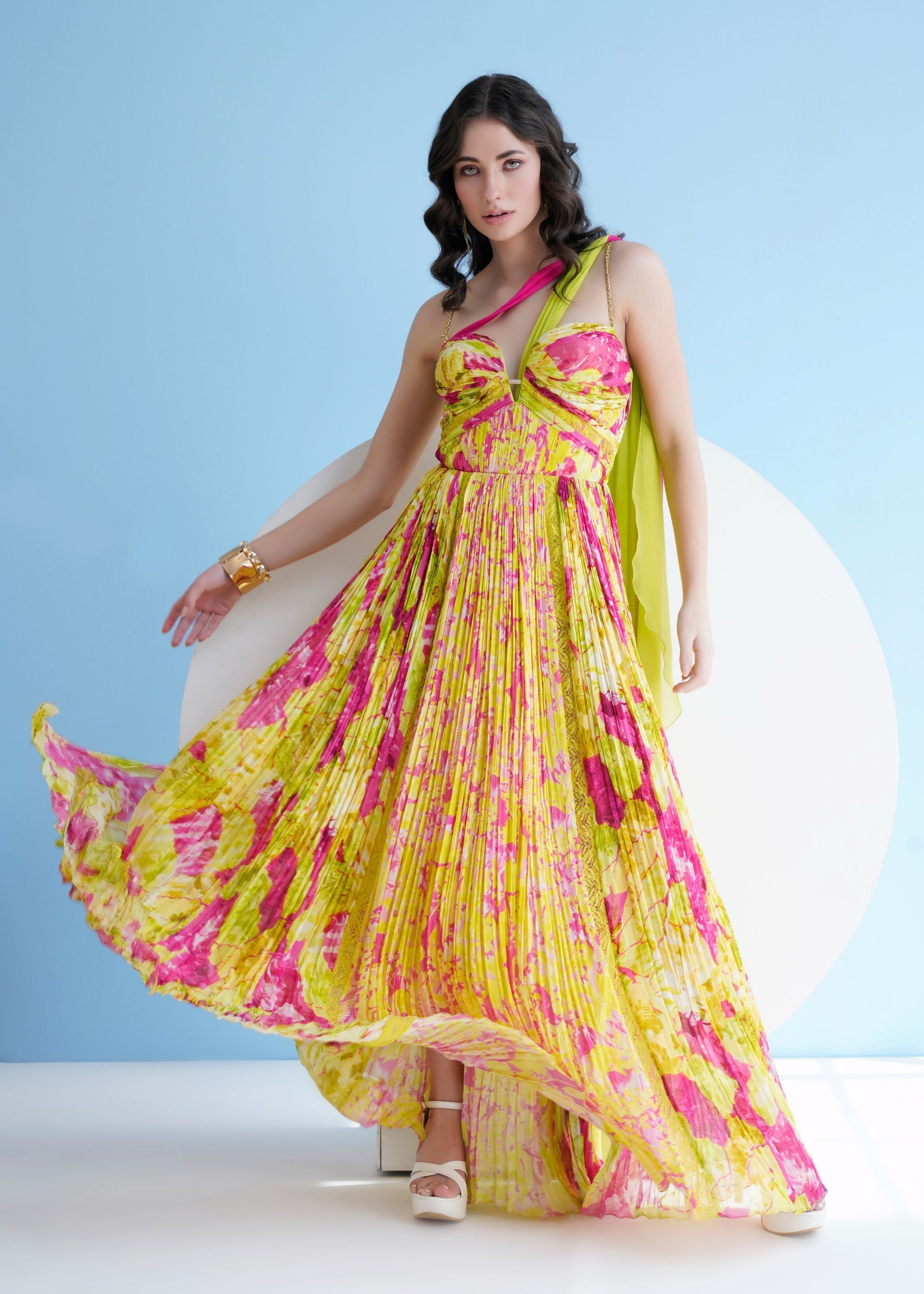 Floral Maxi Dress in Pleated Chiffon