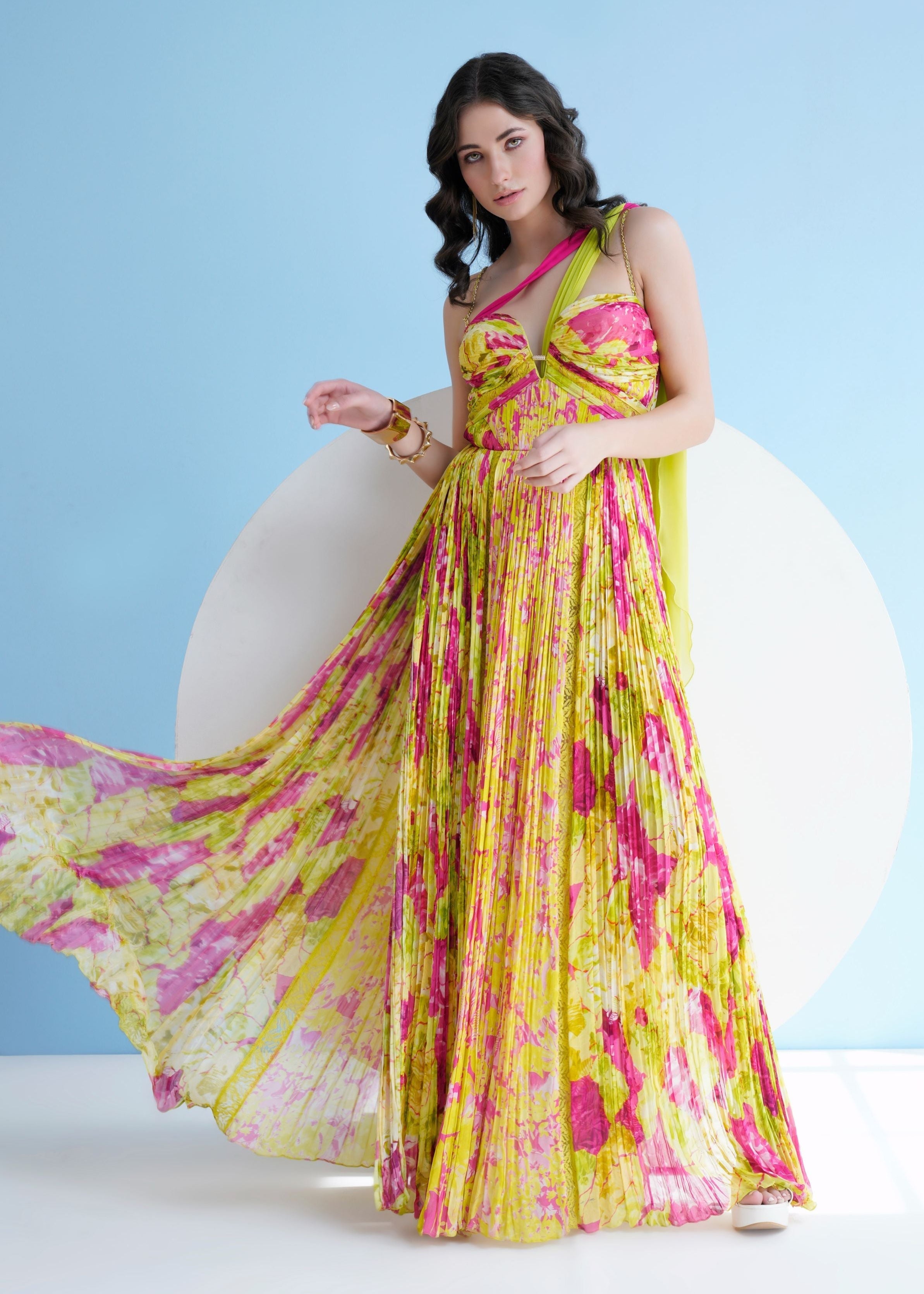Floral Maxi Dress in Pleated Chiffon