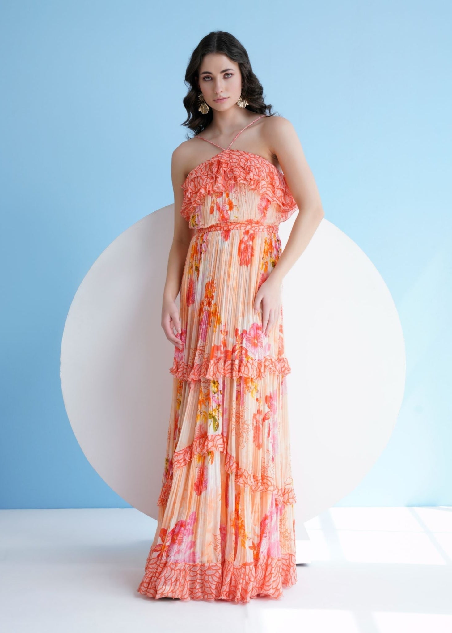 Orange Pastoral Mist Pleated Maxi Dress