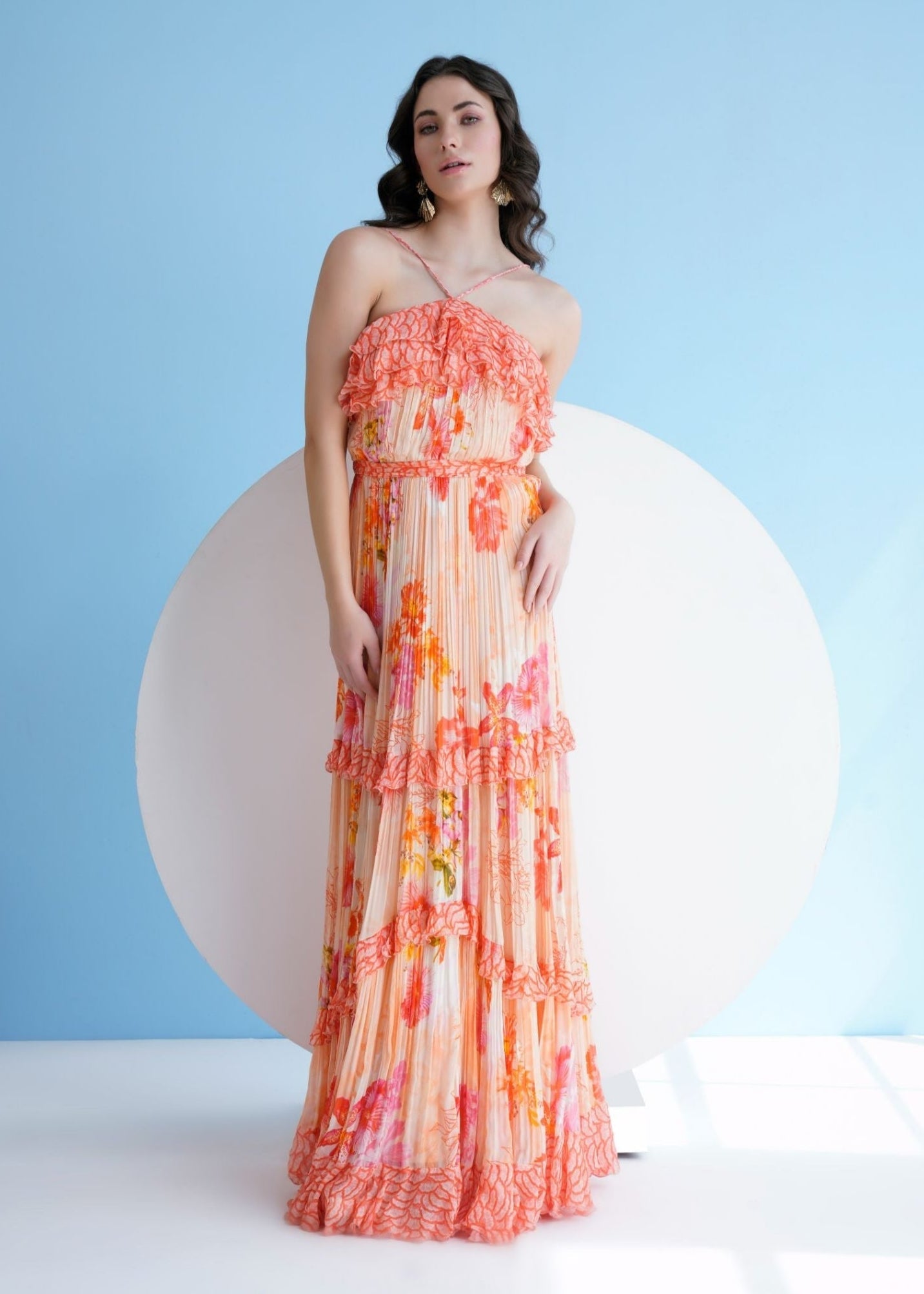Orange Pastoral Mist Pleated Maxi Dress