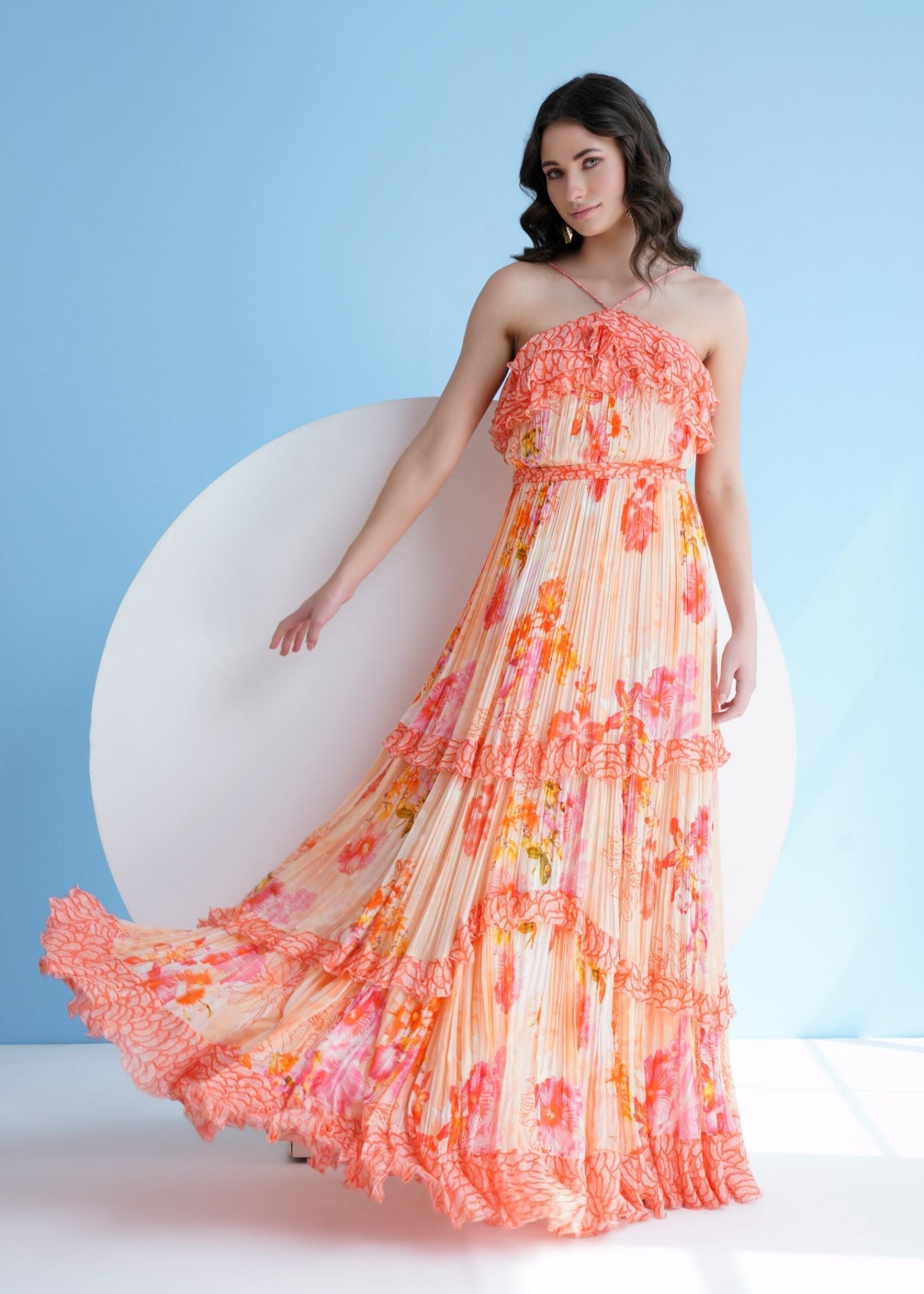 Orange Pastoral Mist Pleated Maxi Dress