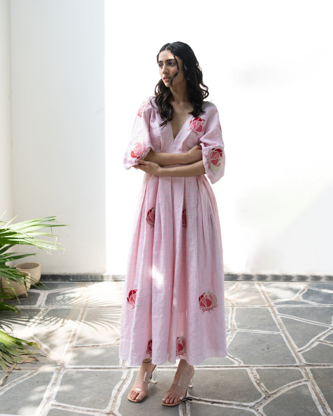 Aloha Floral Peony Print Linen Dress with Structured Balloon Sleeves