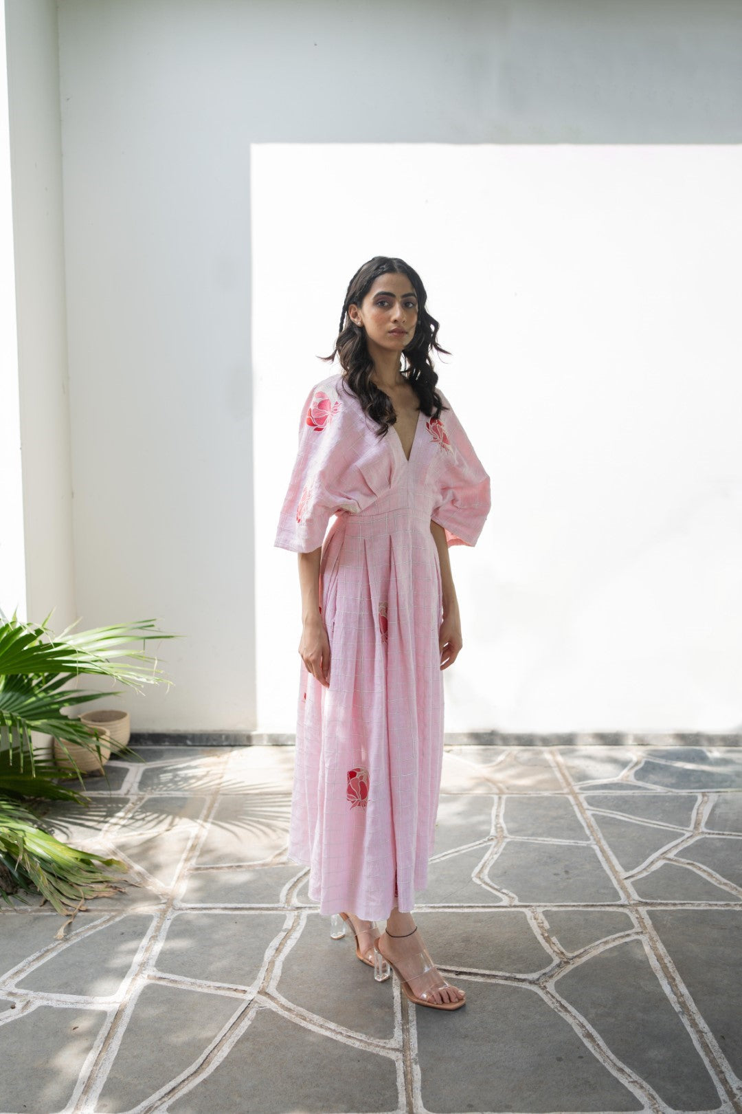 Aloha Floral Peony Print Linen Dress with Structured Balloon Sleeves
