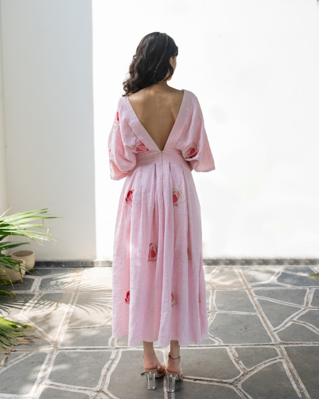 Aloha Floral Peony Print Linen Dress with Structured Balloon Sleeves