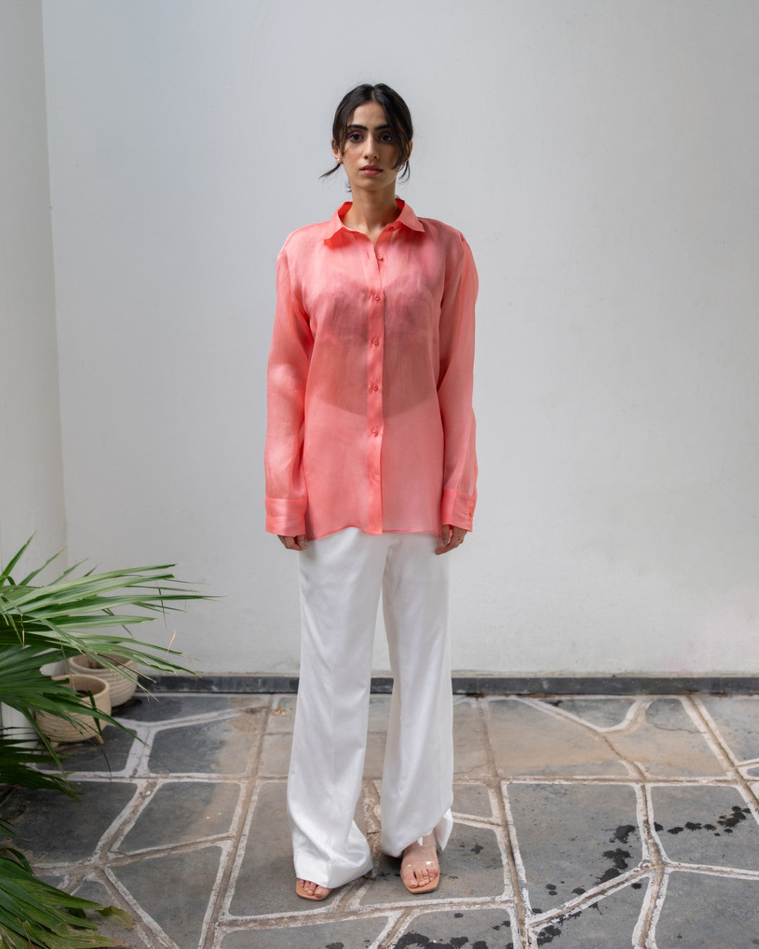 Pastel Organza Shirt and White Trousers Set - Glam Getaway